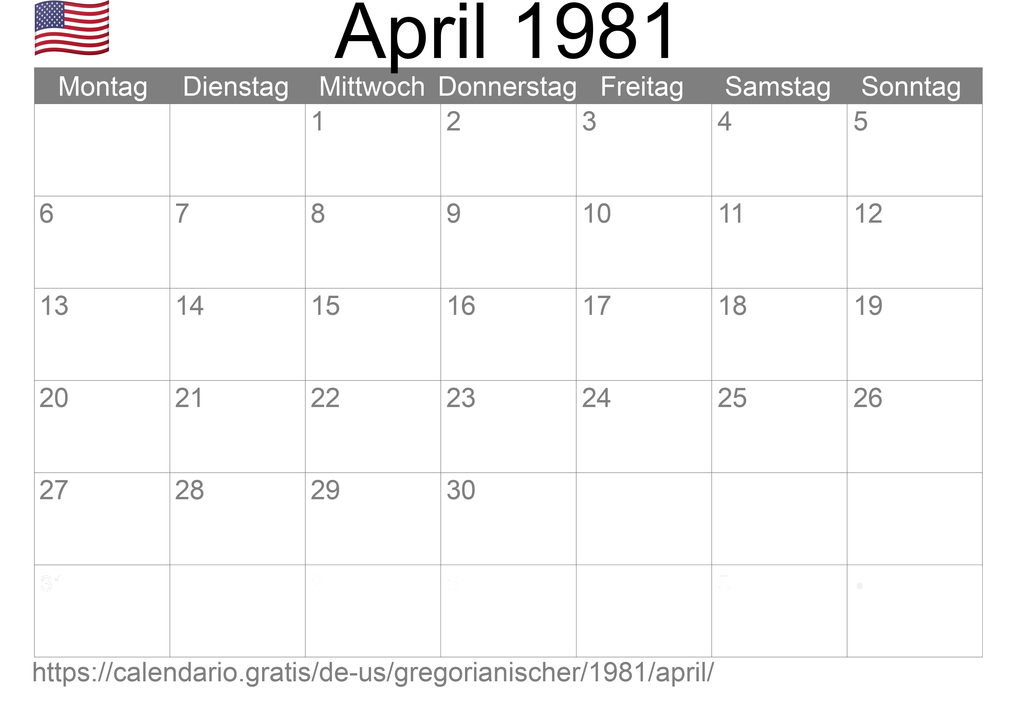 Kalender April 1981 zum Ausdrucken