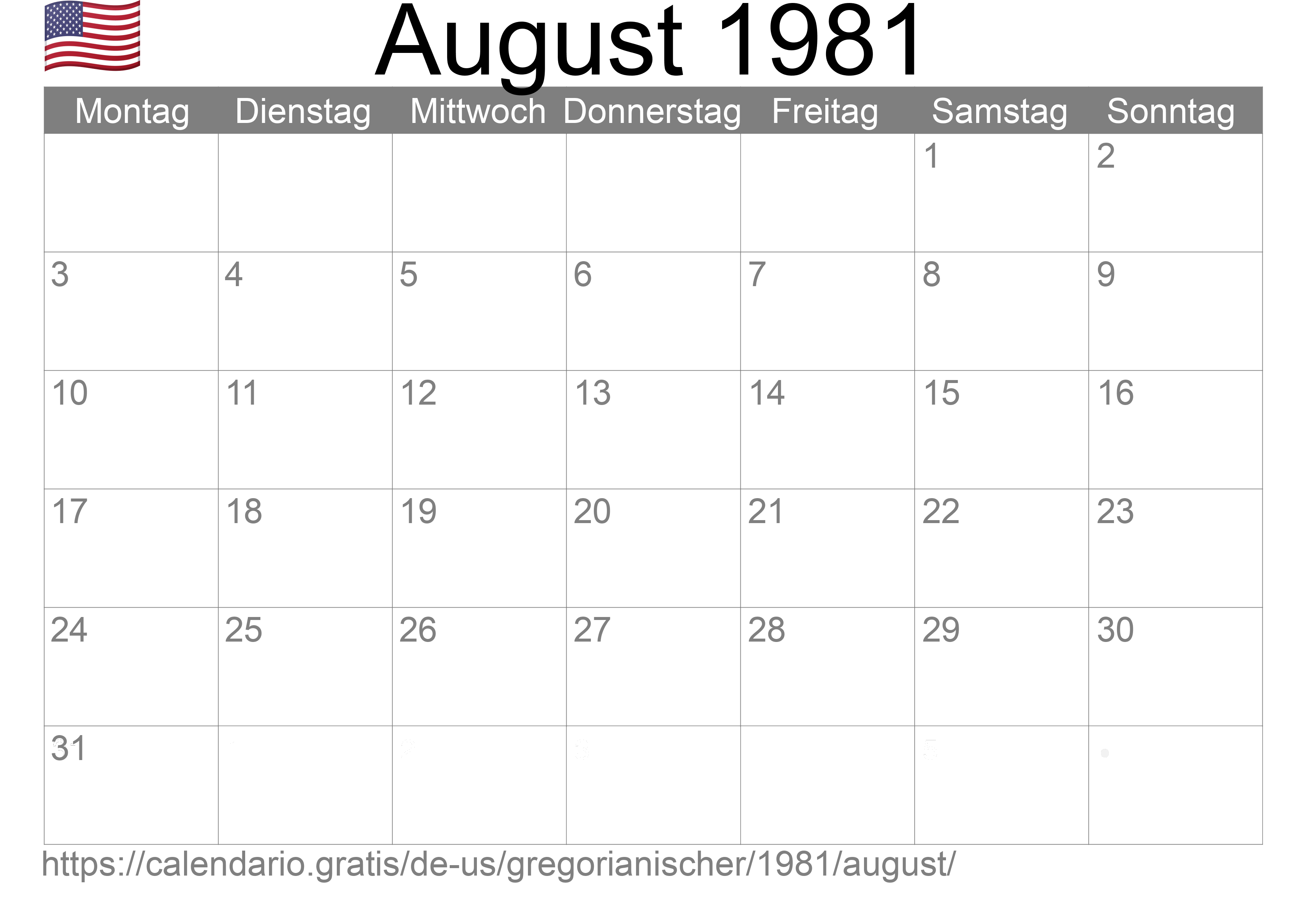 Kalender August 1981 zum Ausdrucken