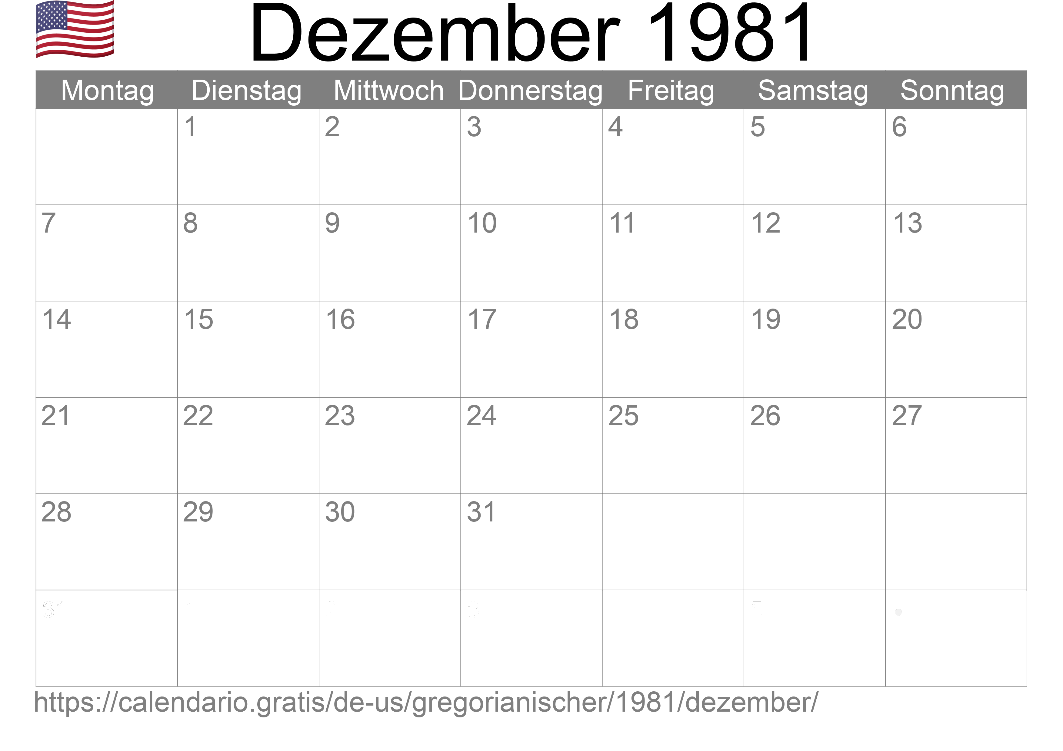 Kalender Dezember 1981 zum Ausdrucken