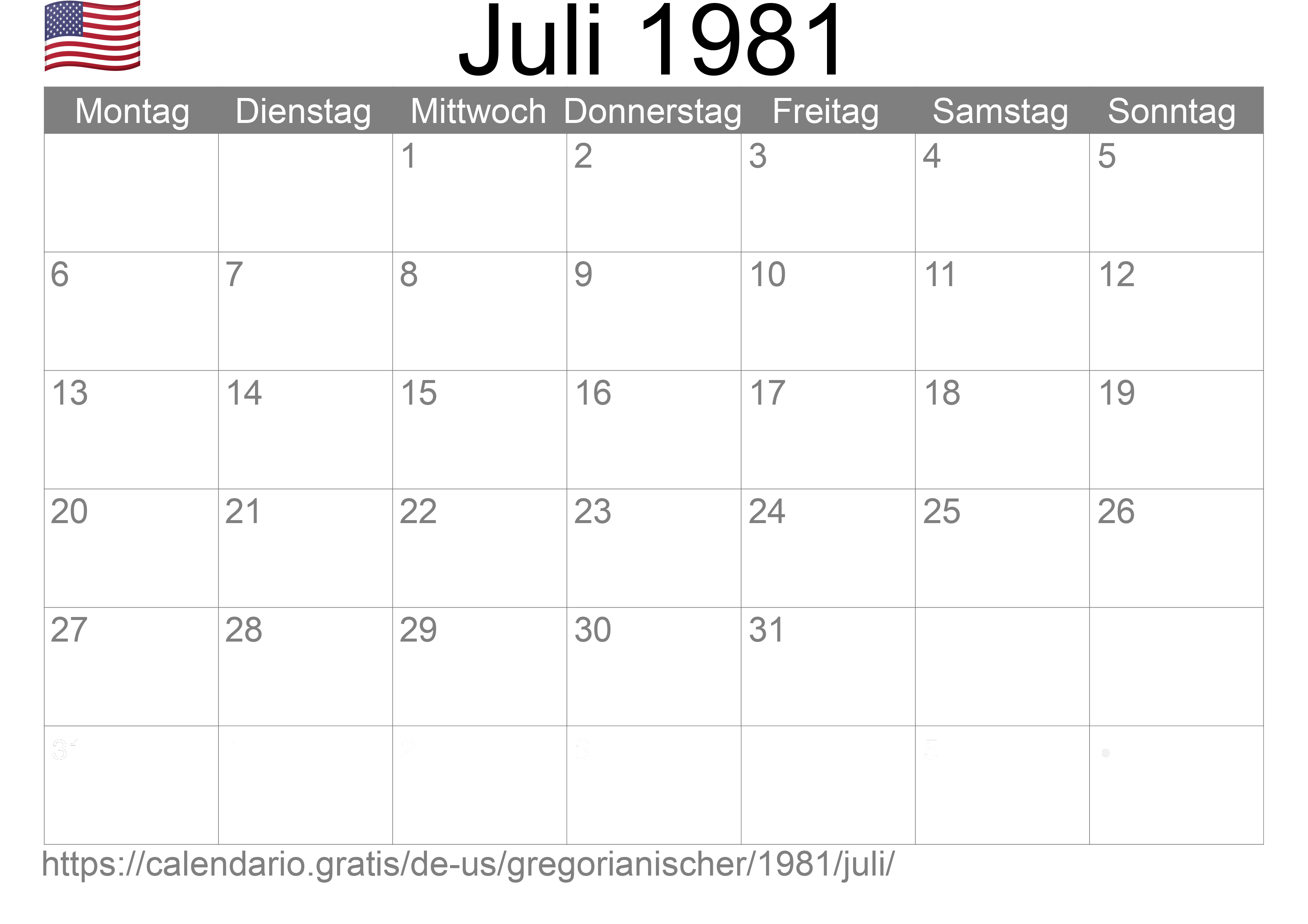 Kalender Juli 1981 zum Ausdrucken