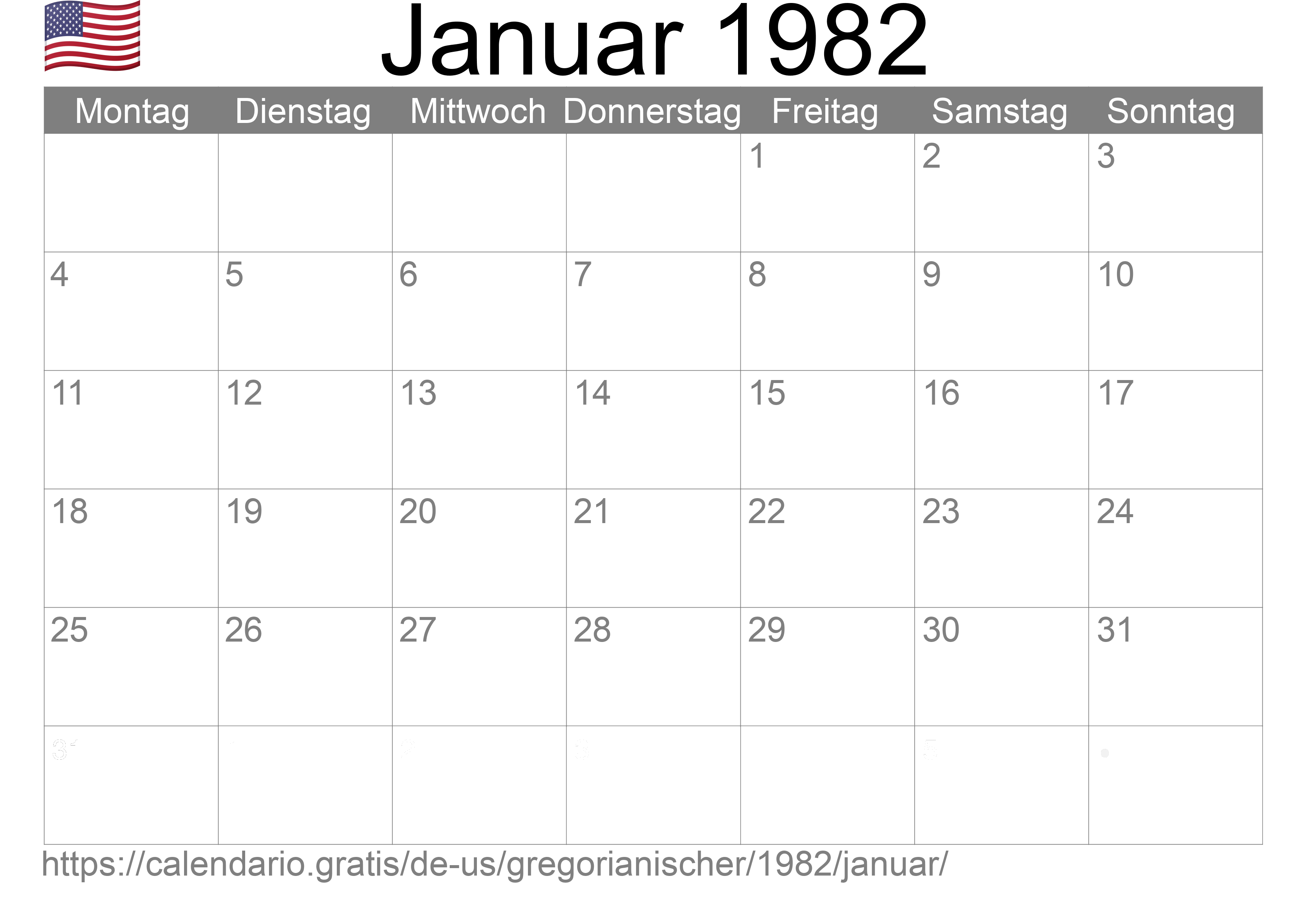 Kalender Januar 1982 zum Ausdrucken