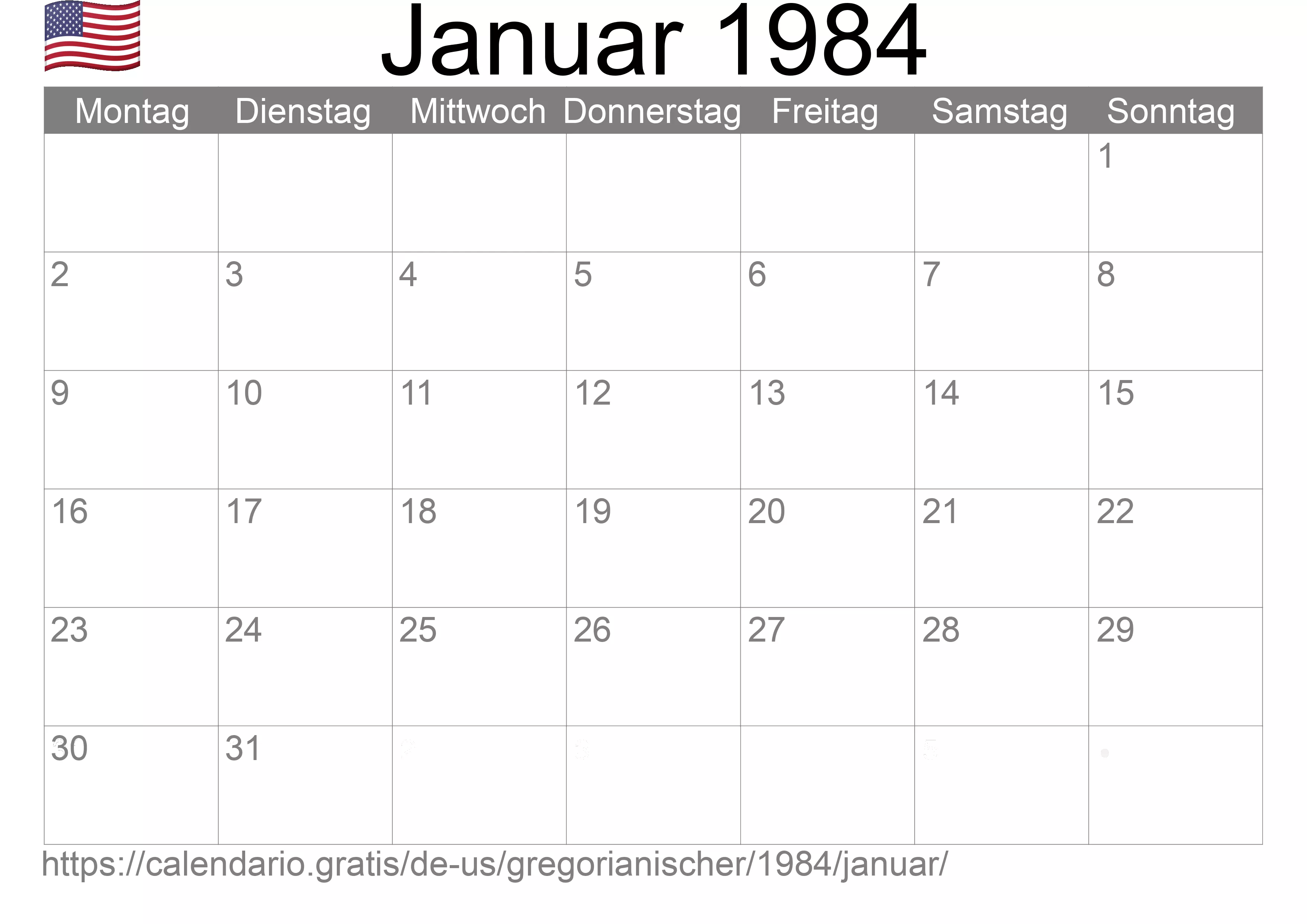 Kalender Januar 1984 zum Ausdrucken (Vereinigte Staaten von Amerika)