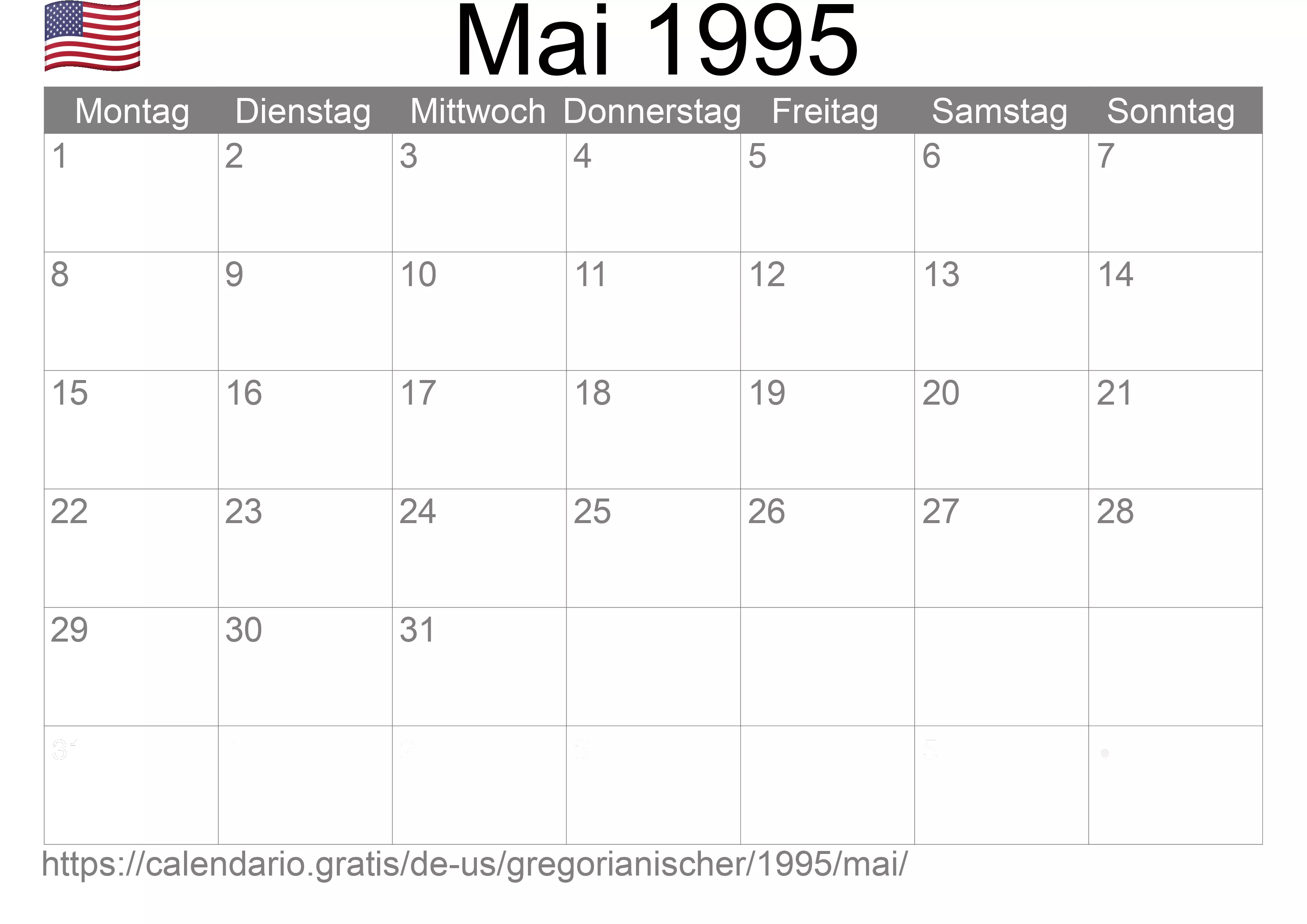 Kalender Mai 1995 zum Ausdrucken (Vereinigte Staaten von Amerika)
