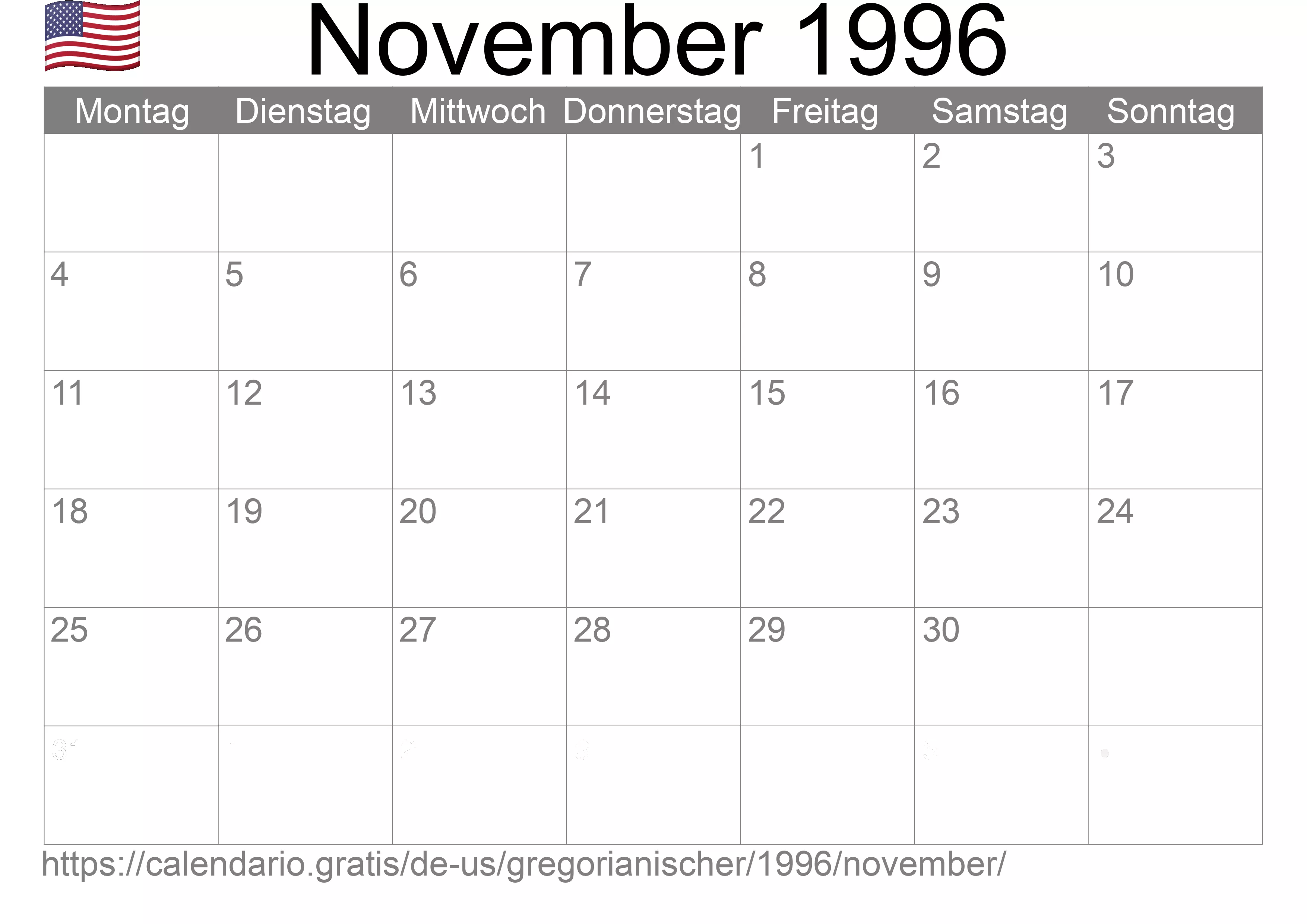 Kalender November 1996 zum Ausdrucken (Vereinigte Staaten von Amerika)