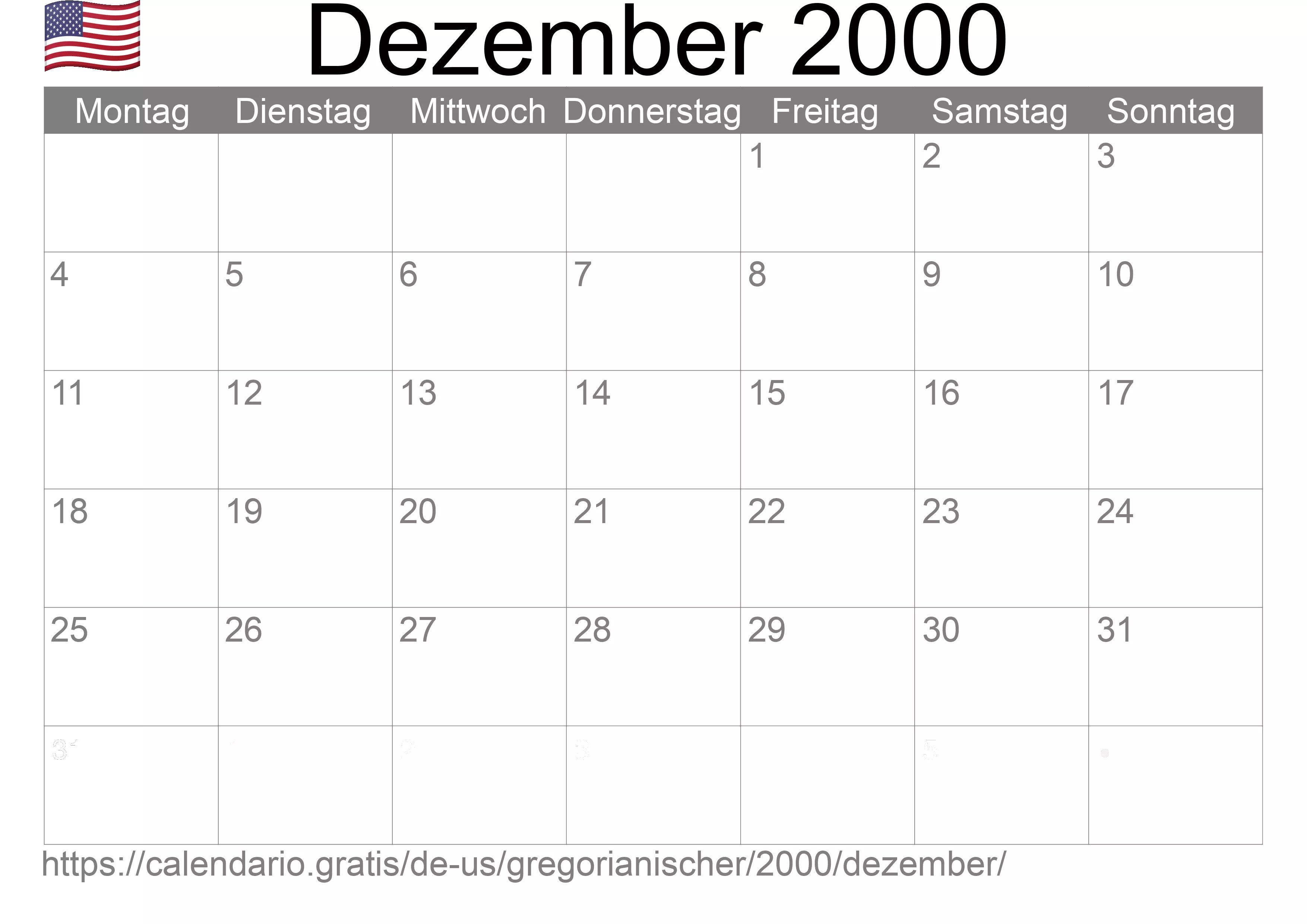 Kalender Dezember 2000 zum Ausdrucken (Vereinigte Staaten von Amerika)