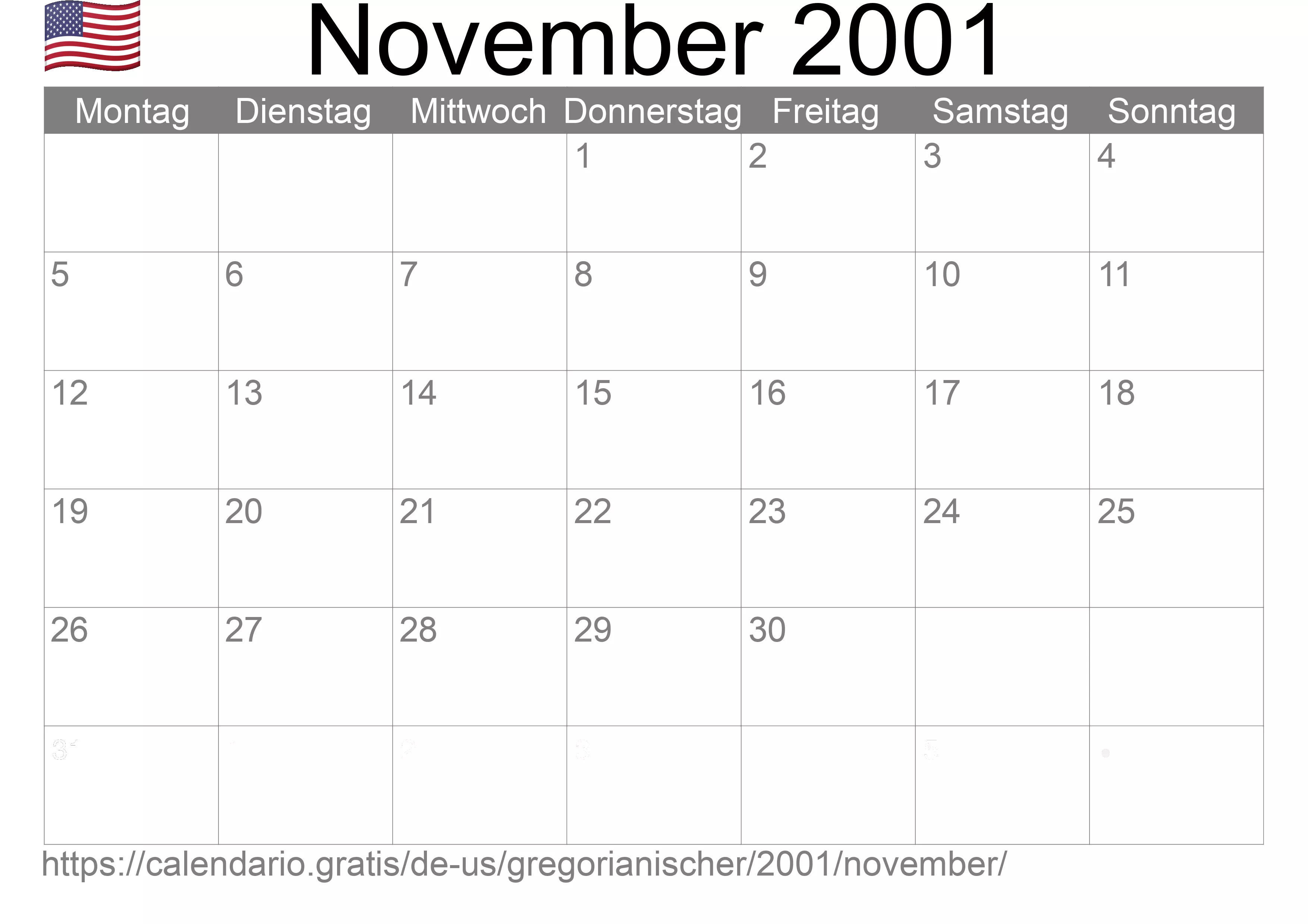 Kalender November 2001 zum Ausdrucken (Vereinigte Staaten von Amerika)