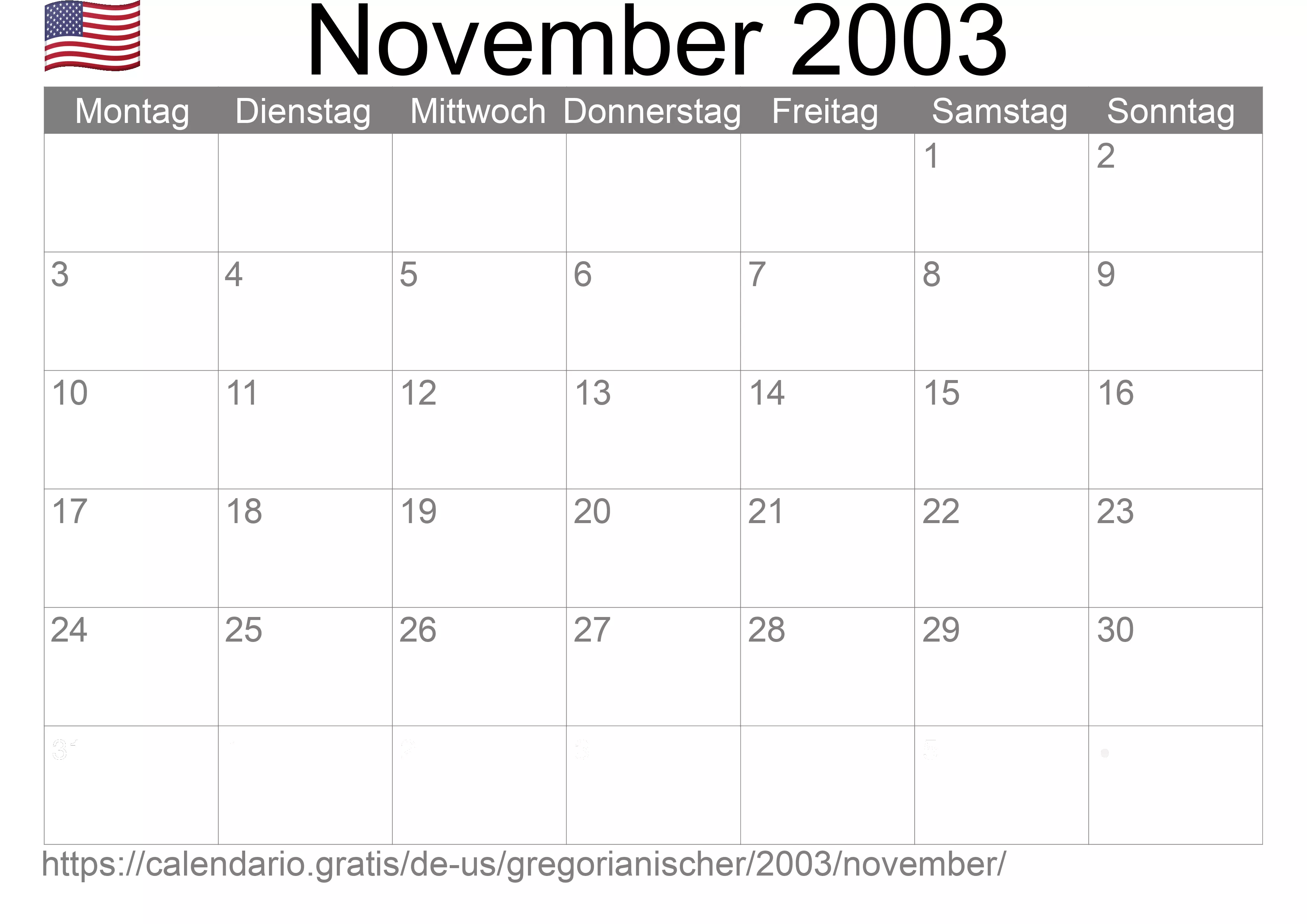 Kalender November 2003 zum Ausdrucken (Vereinigte Staaten von Amerika)