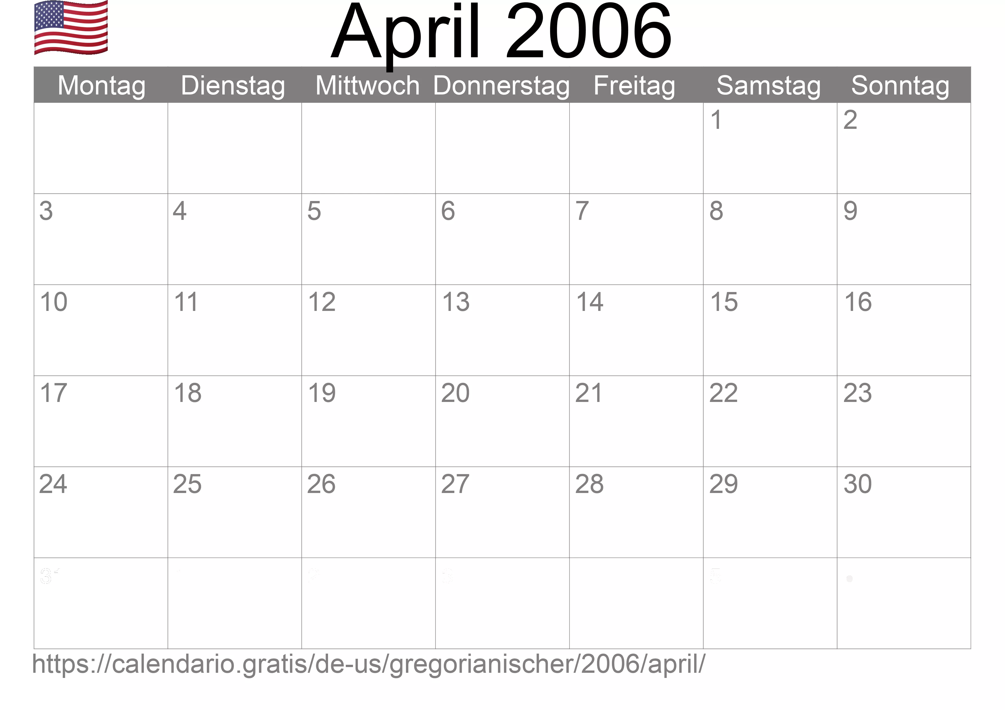 Kalender April 2006 zum Ausdrucken (Vereinigte Staaten von Amerika) Kalender April 2006 zum Ausdrucken (Vereinigte Staaten von Amerika)
