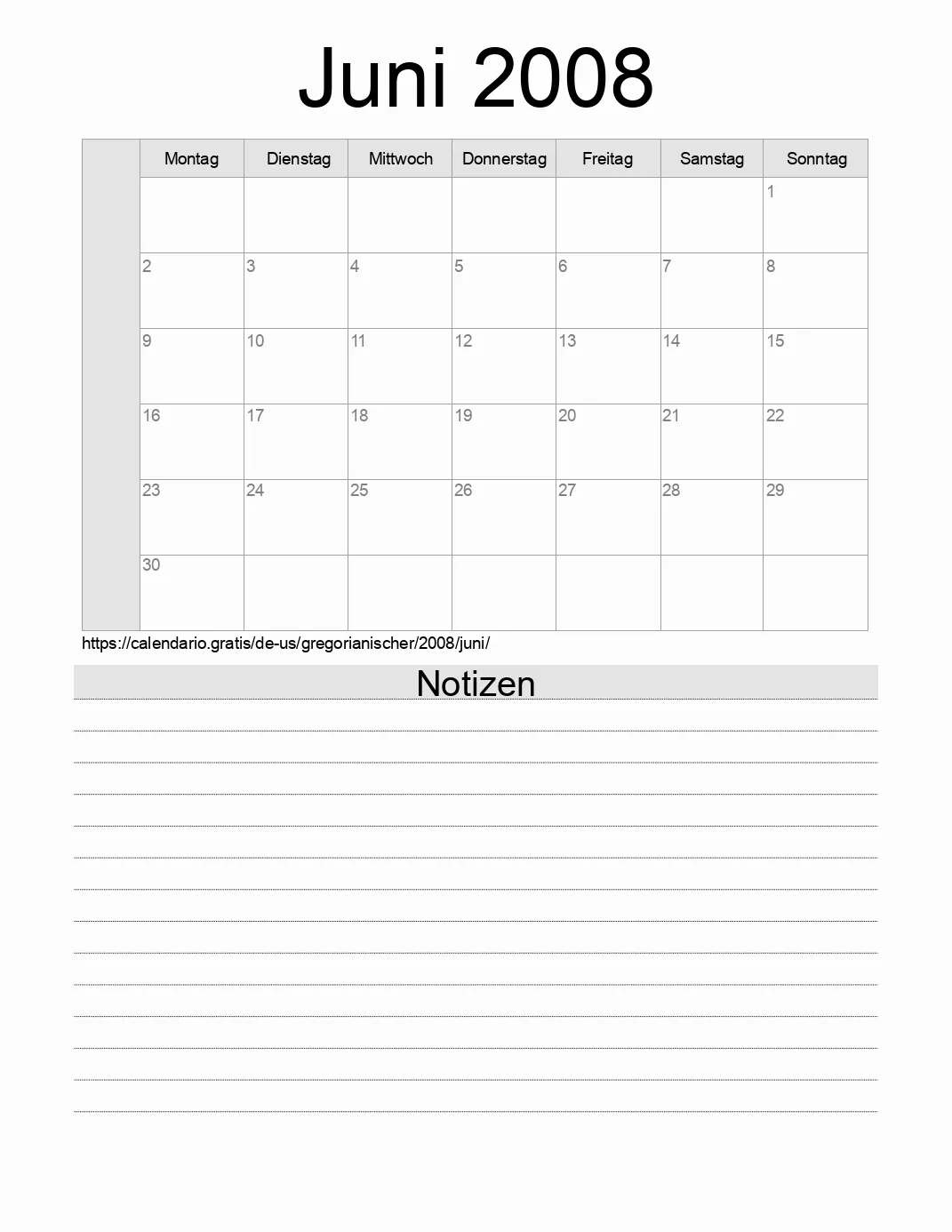 Kalender für Juni 2008 zum Drucken mit Notizen. (Vereinigte Staaten von Amerika)