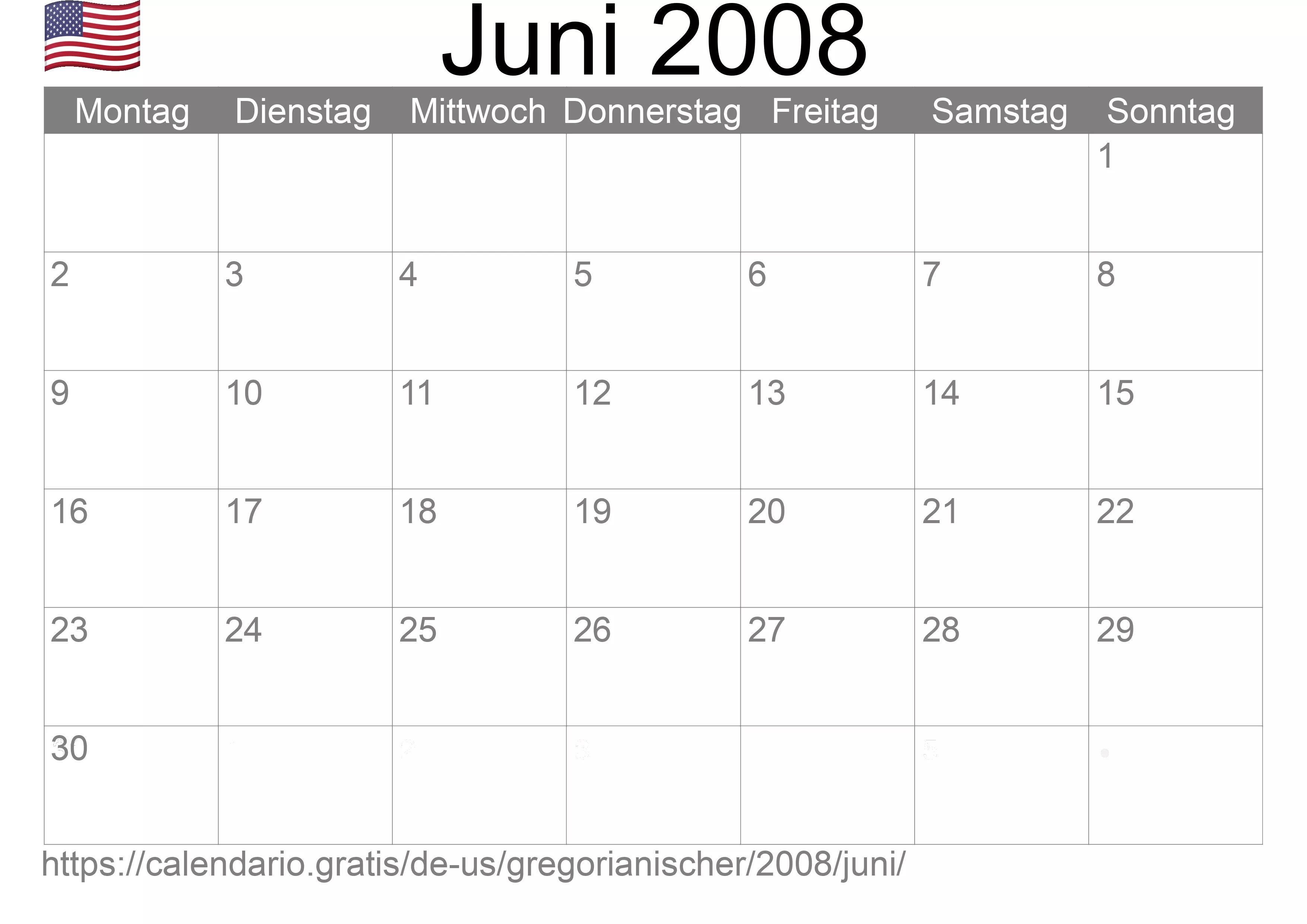 Kalender Juni 2008 zum Ausdrucken (Vereinigte Staaten von Amerika)