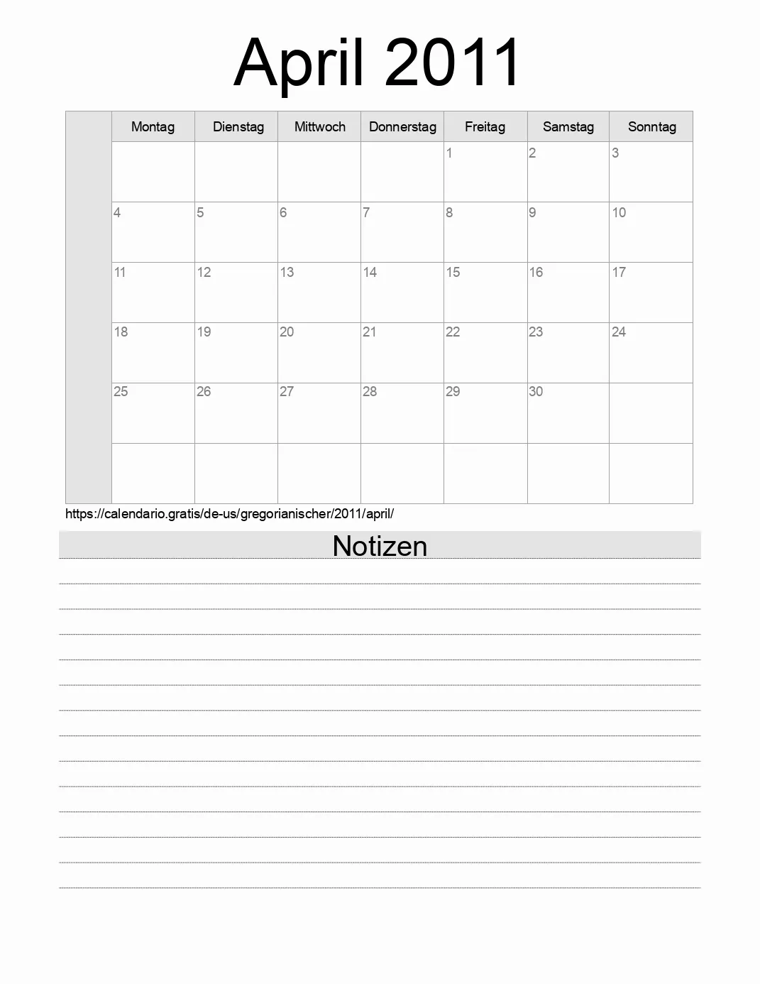 Kalender für April 2011 zum Drucken mit Notizen. (Vereinigte Staaten von Amerika)