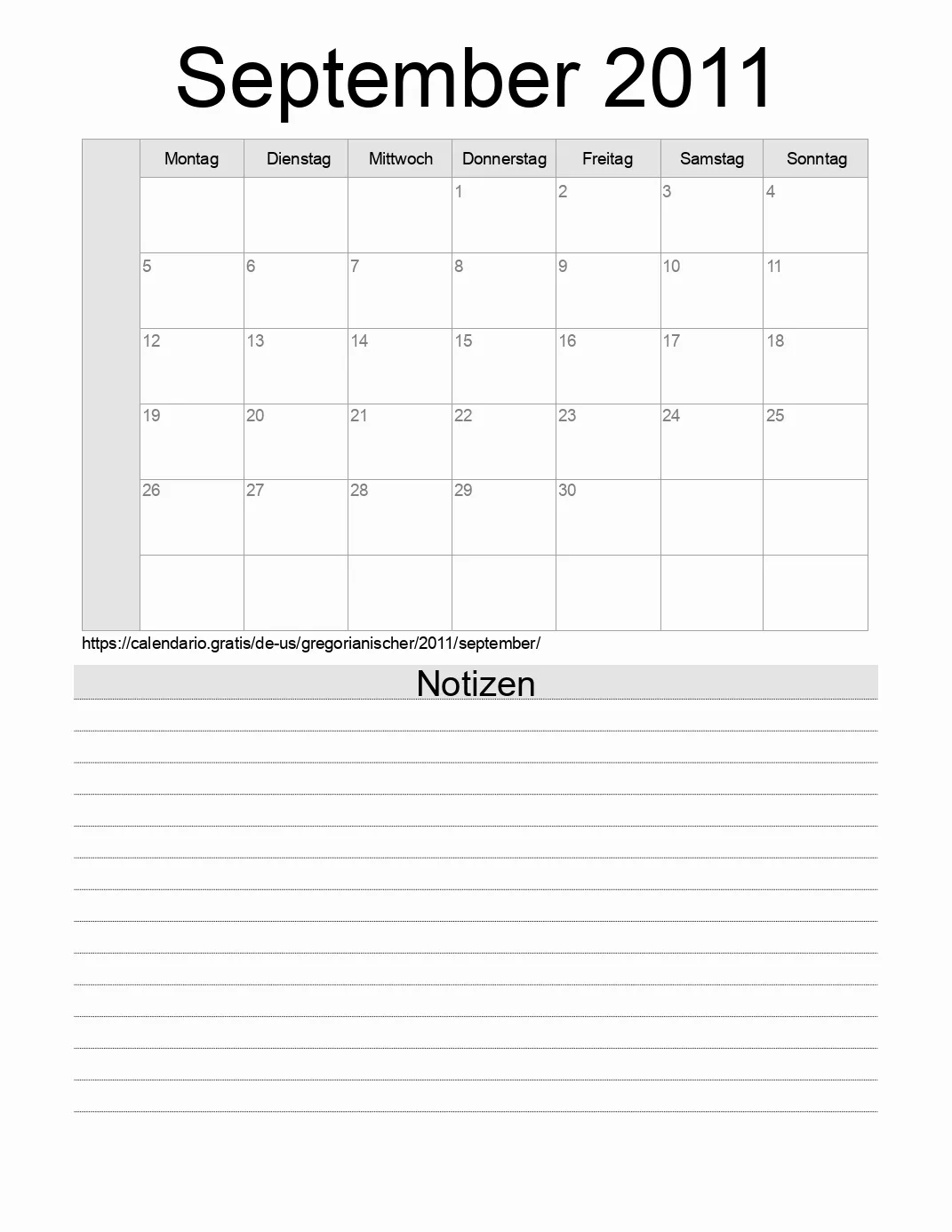 Kalender für September 2011 zum Drucken mit Notizen. (Vereinigte Staaten von Amerika)