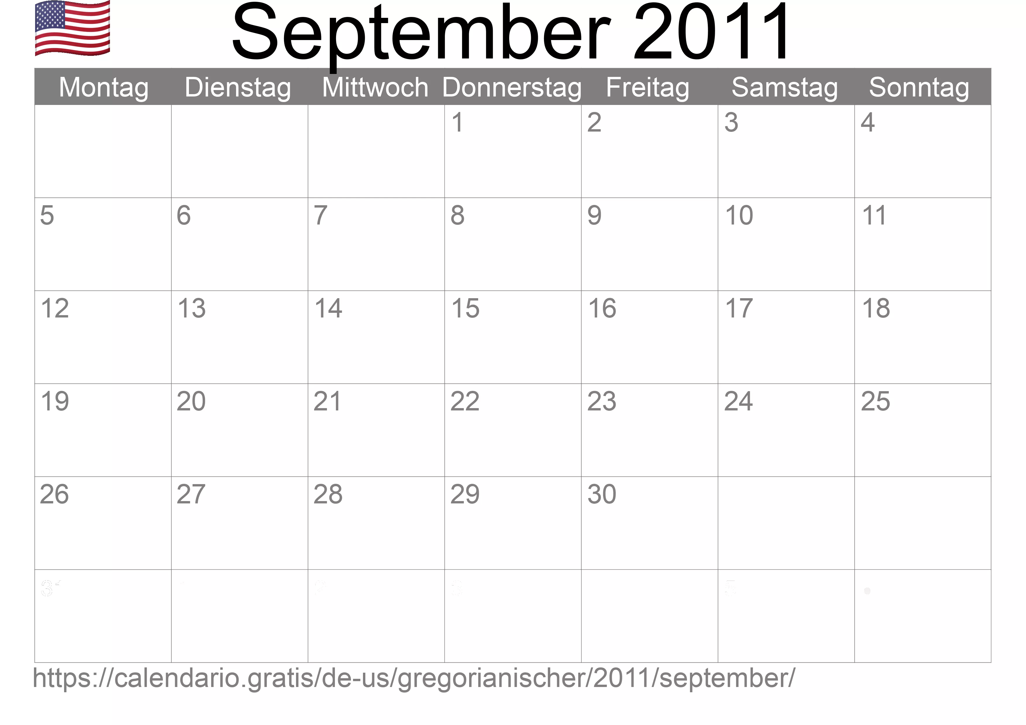 Kalender September 2011 zum Ausdrucken (Vereinigte Staaten von Amerika)