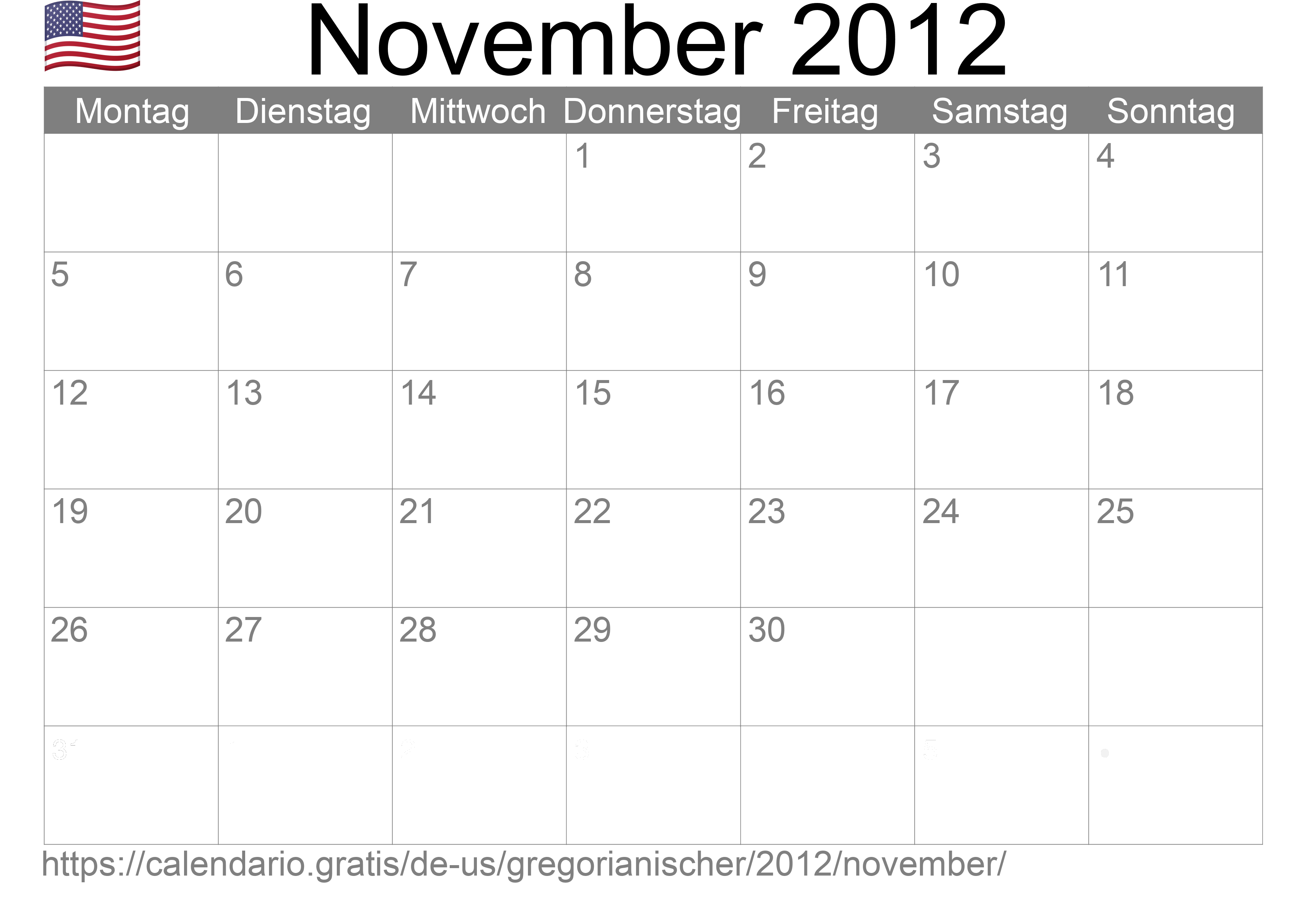 Kalender November 2012 zum Ausdrucken