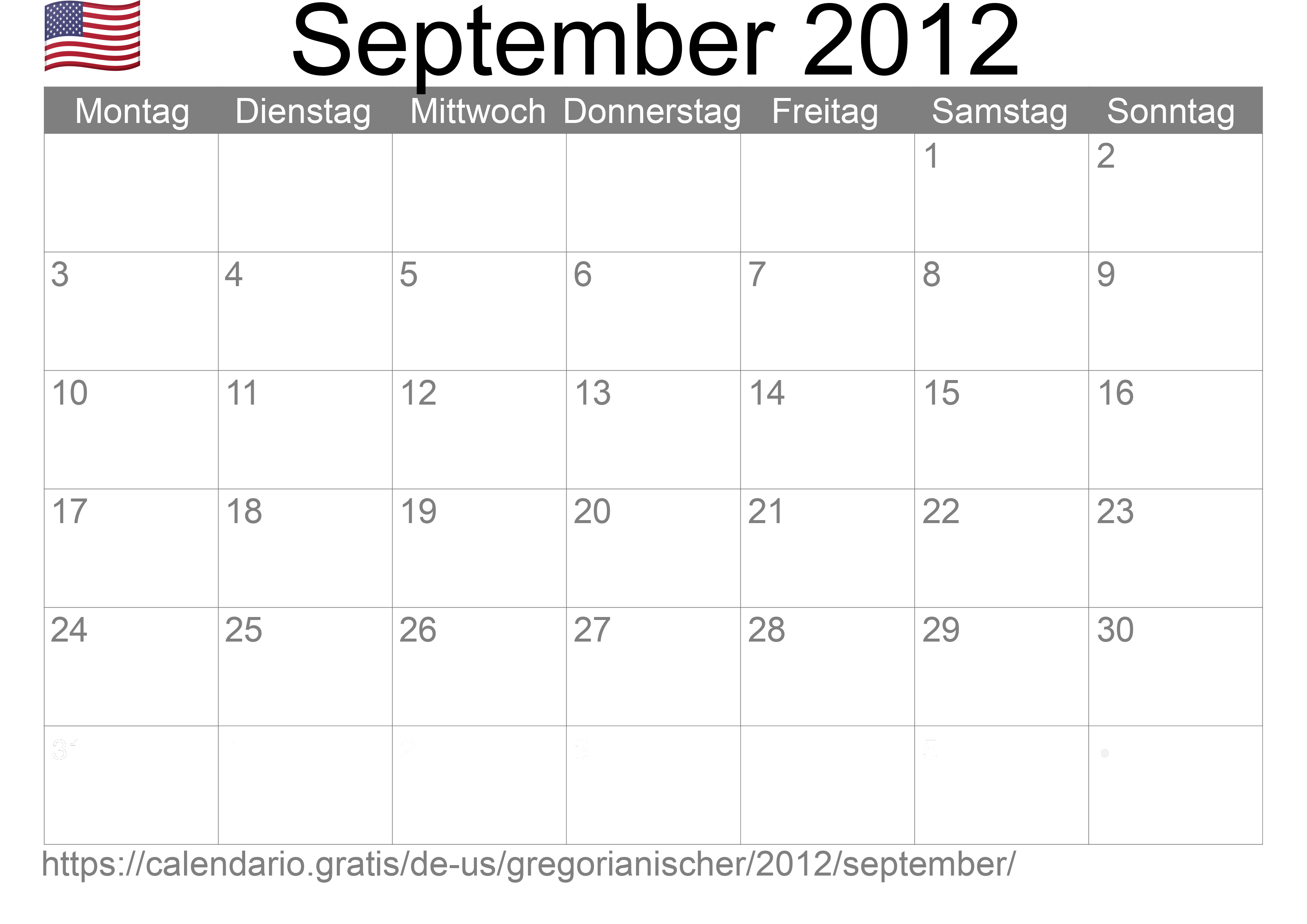 Kalender September 2012 zum Ausdrucken