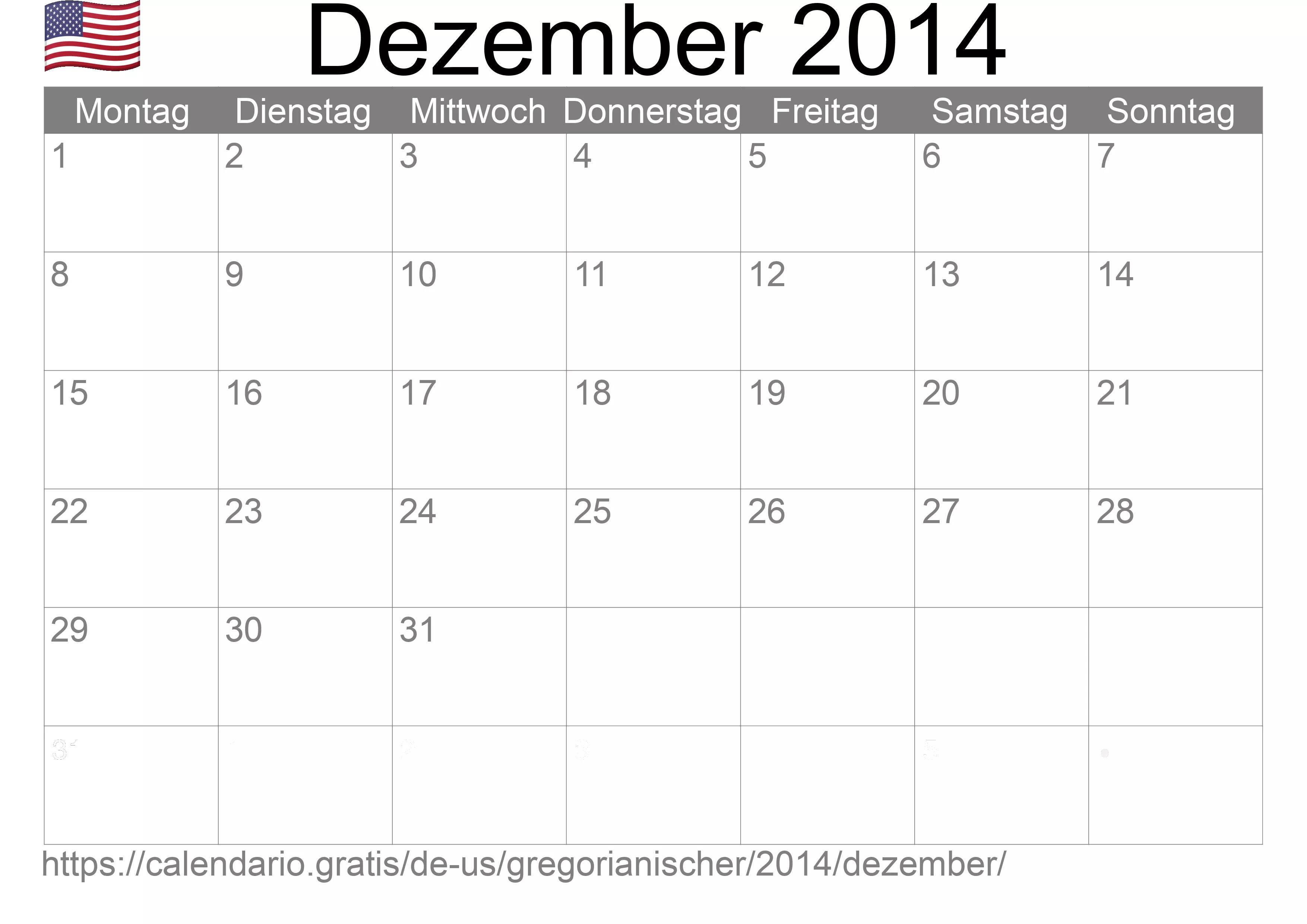 Kalender Dezember 2014 zum Ausdrucken (Vereinigte Staaten von Amerika)
