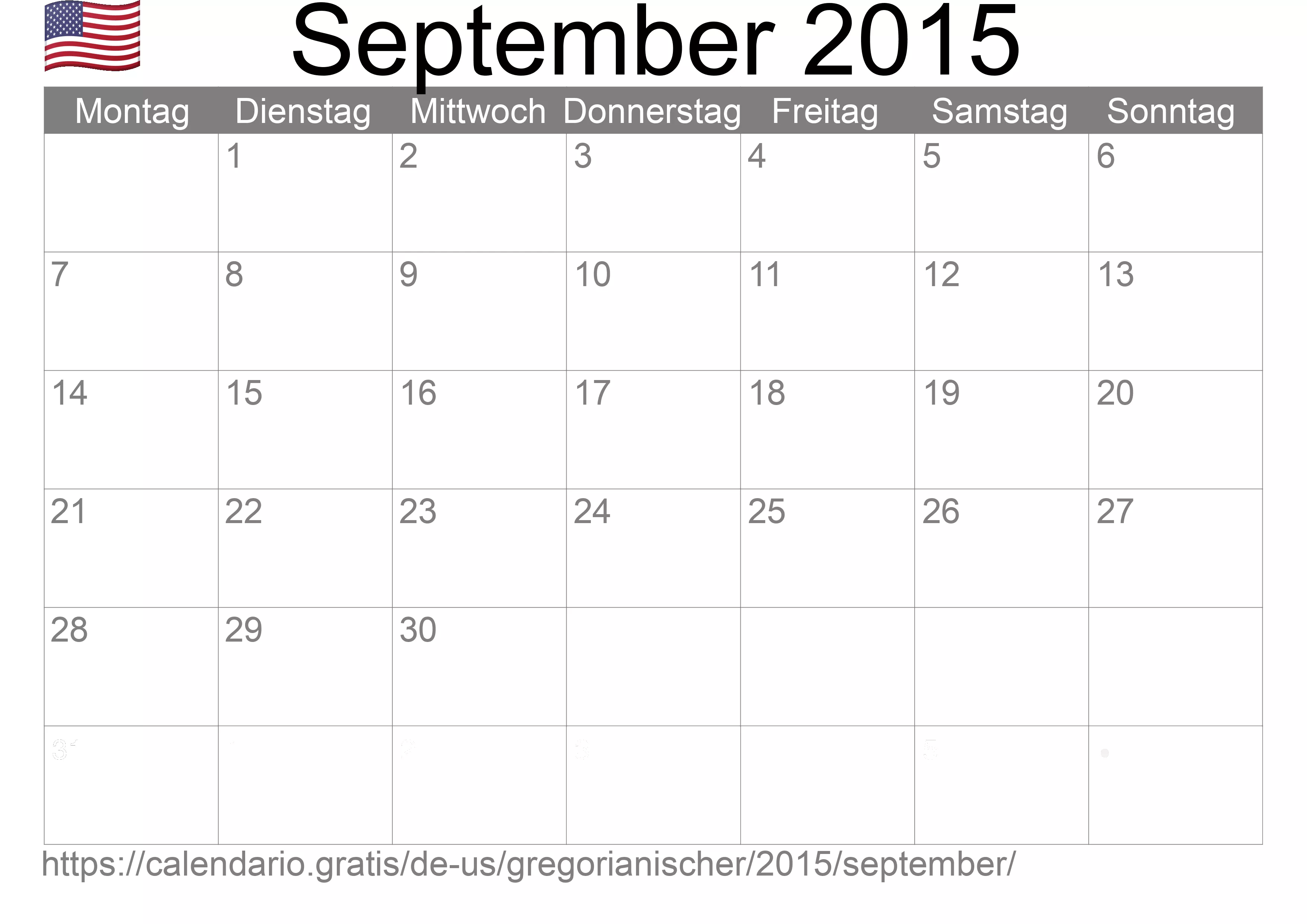 Kalender September 2015 zum Ausdrucken (Vereinigte Staaten von Amerika)
