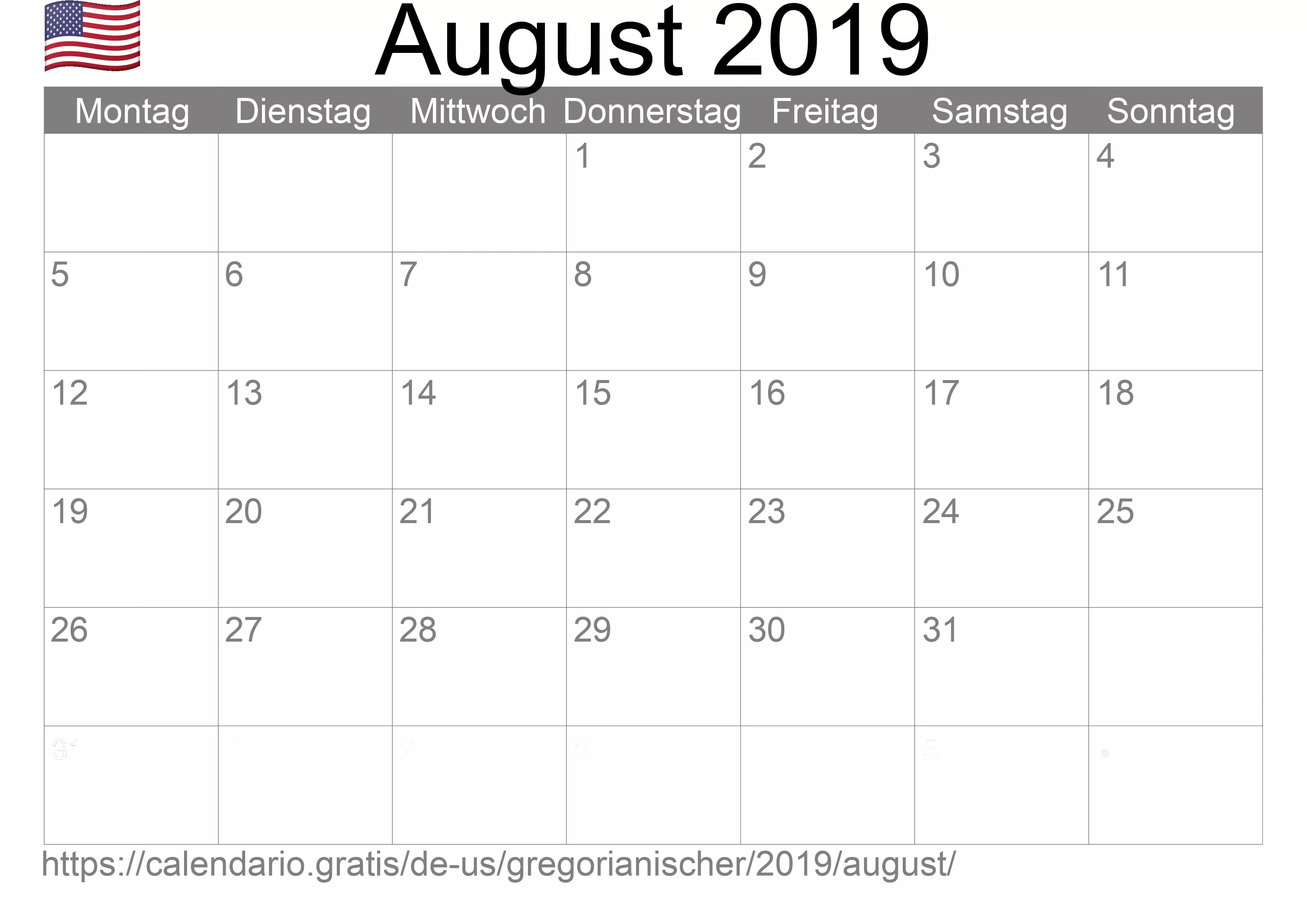 Kalender August 2019 zum Ausdrucken (Vereinigte Staaten von Amerika) Kalender August 2019 zum Ausdrucken (Vereinigte Staaten von Amerika)