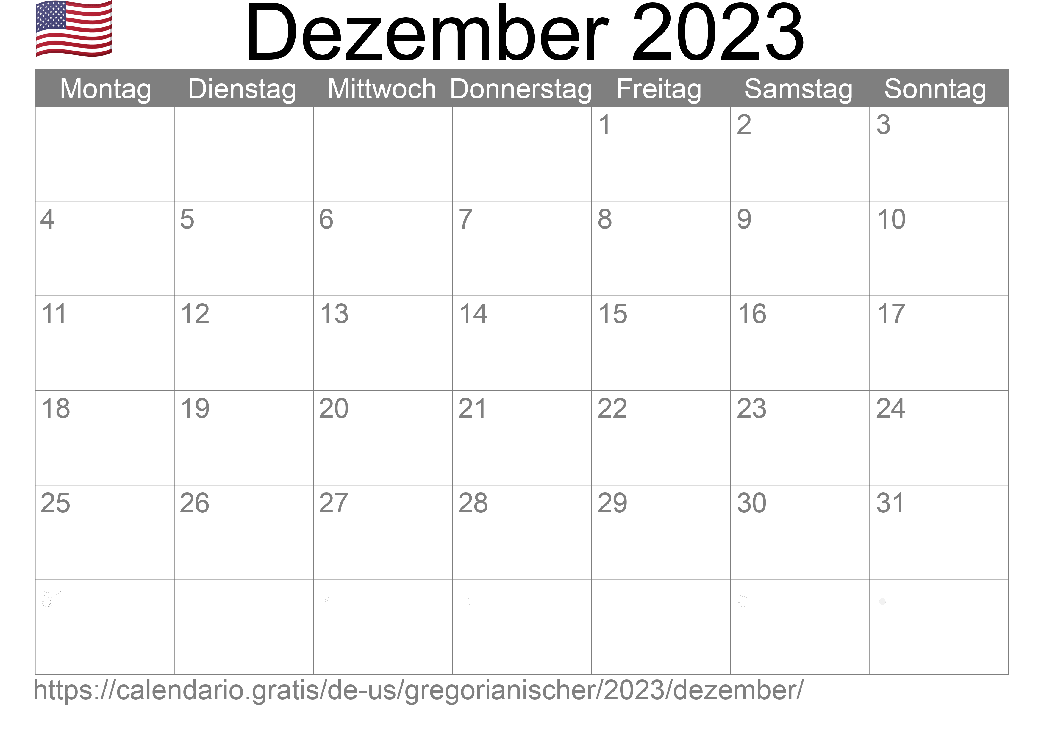 Kalender Dezember 2023 zum Ausdrucken