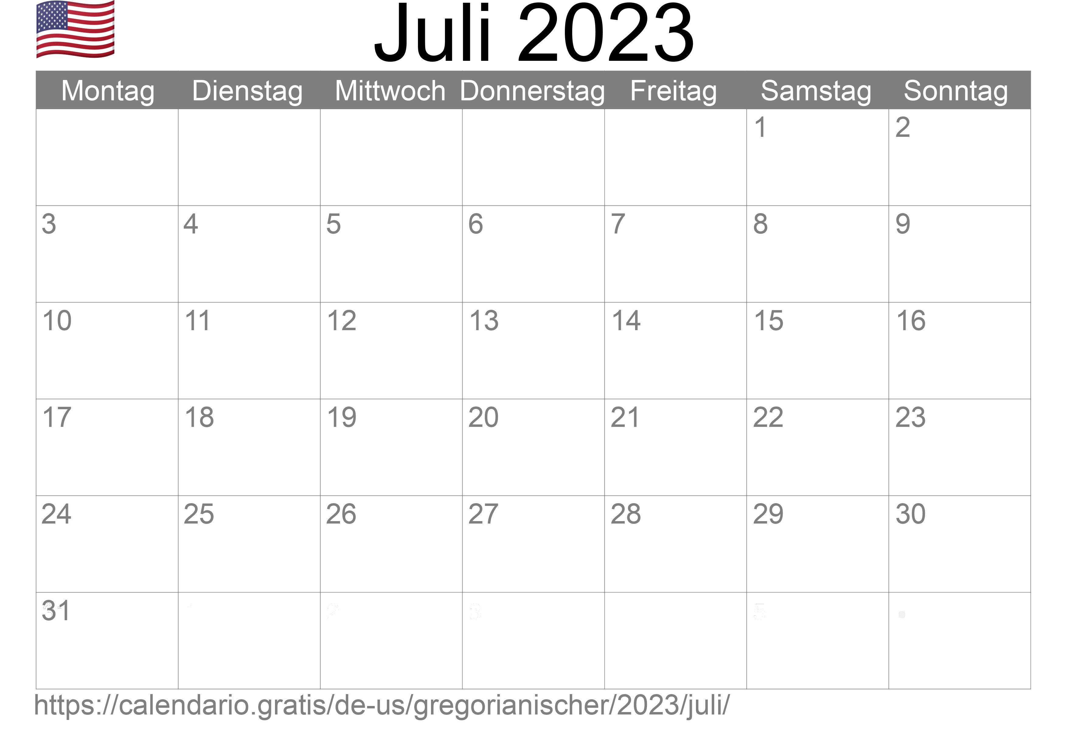 Kalender Juli 2023 zum Ausdrucken