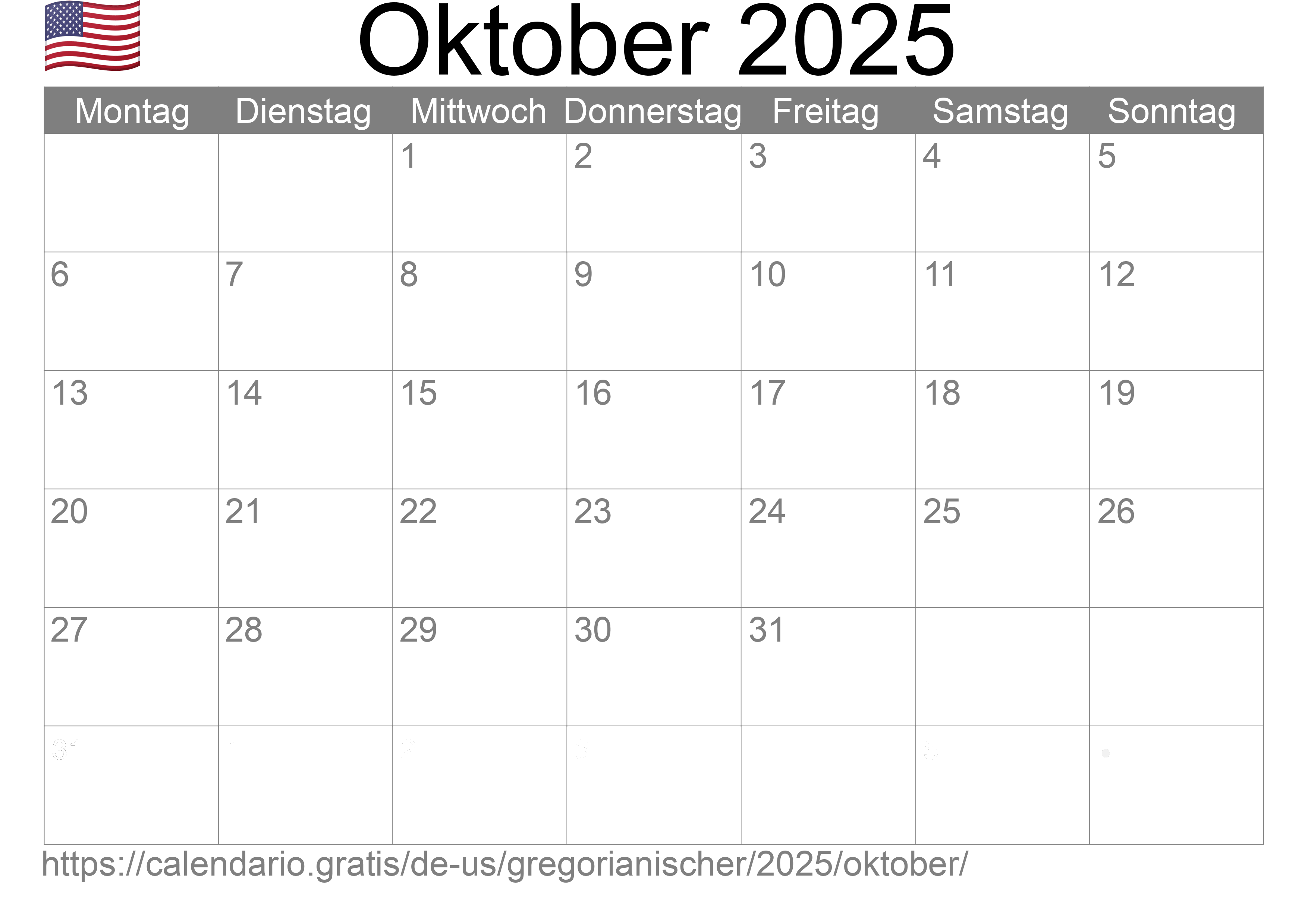 Kalender Oktober 2025 zum Ausdrucken