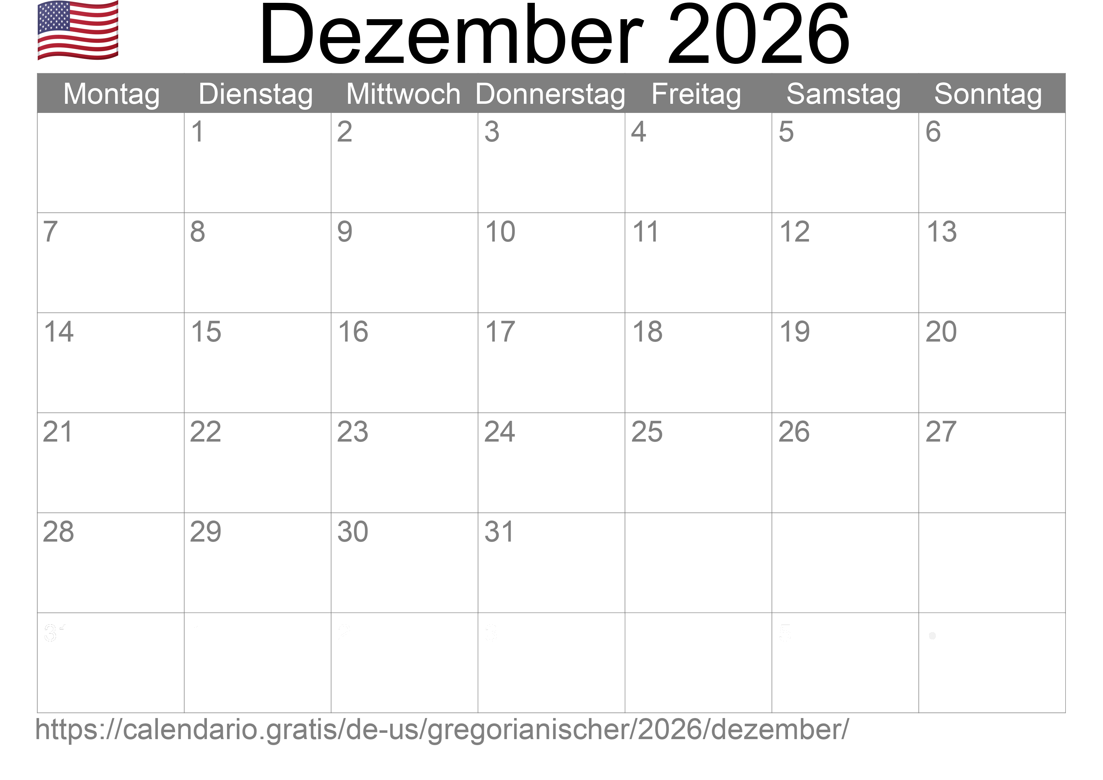 Kalender Dezember 2026 zum Ausdrucken