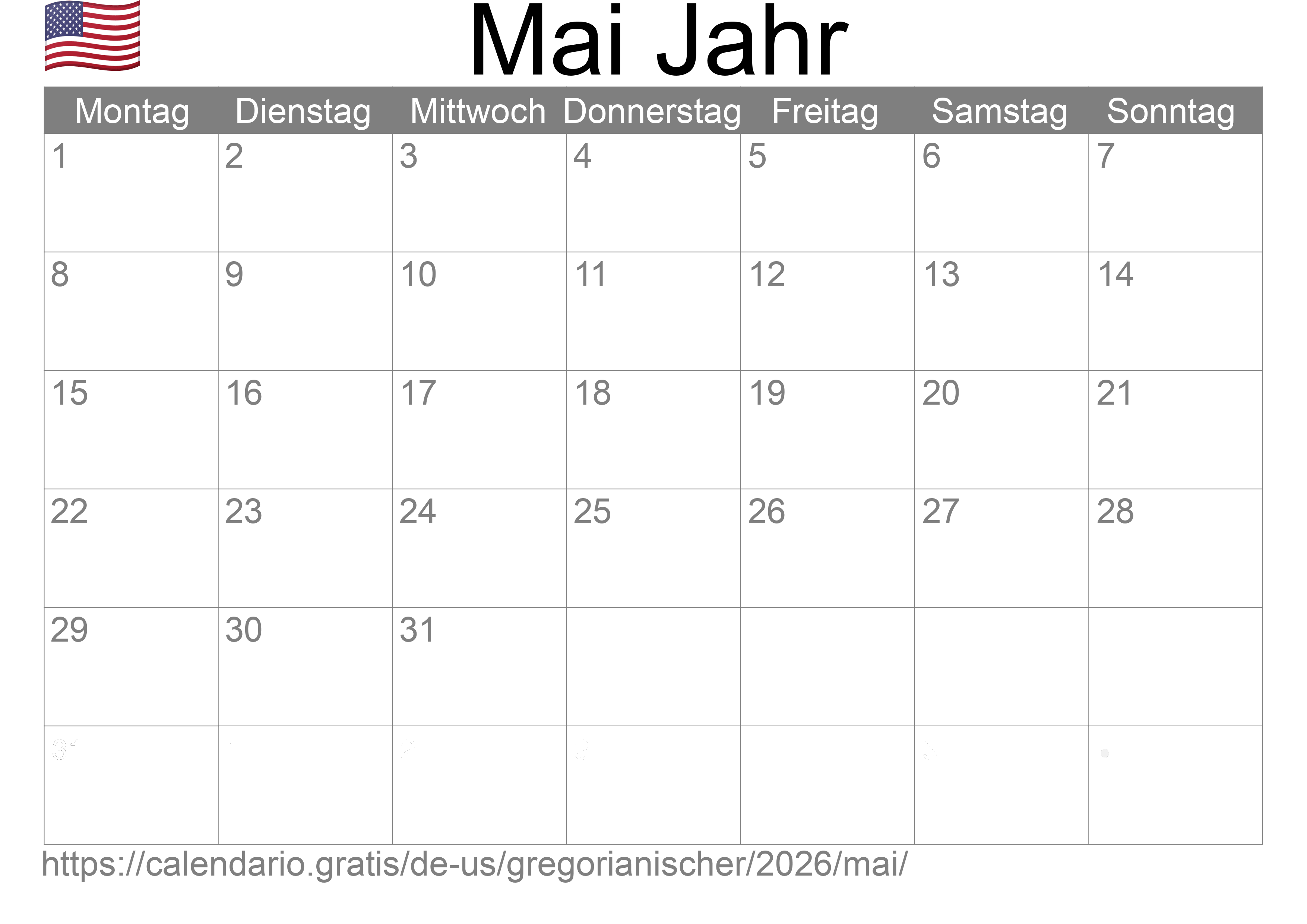 Kalender Mai 2026 zum Ausdrucken