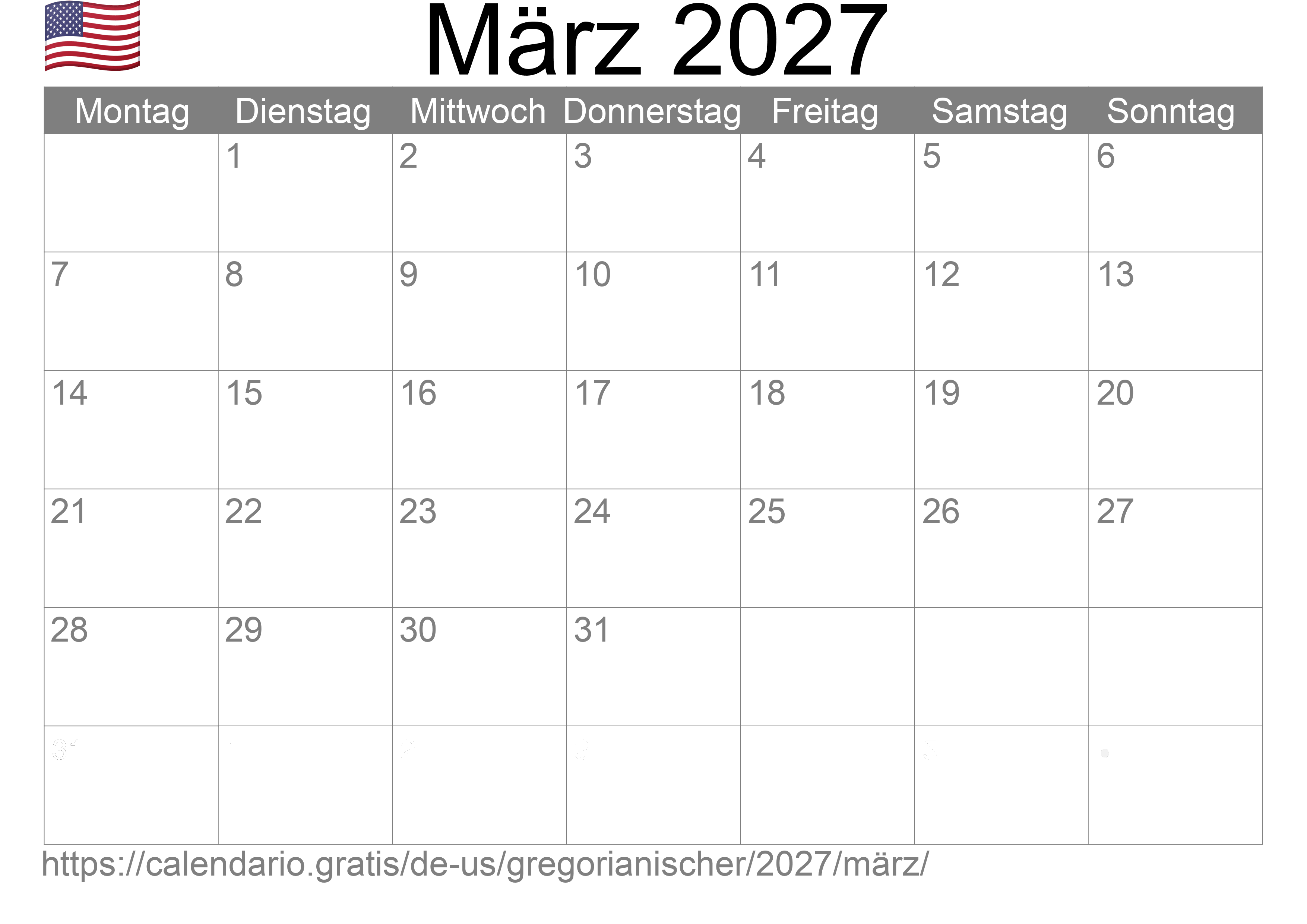 Kalender März 2027 zum Ausdrucken