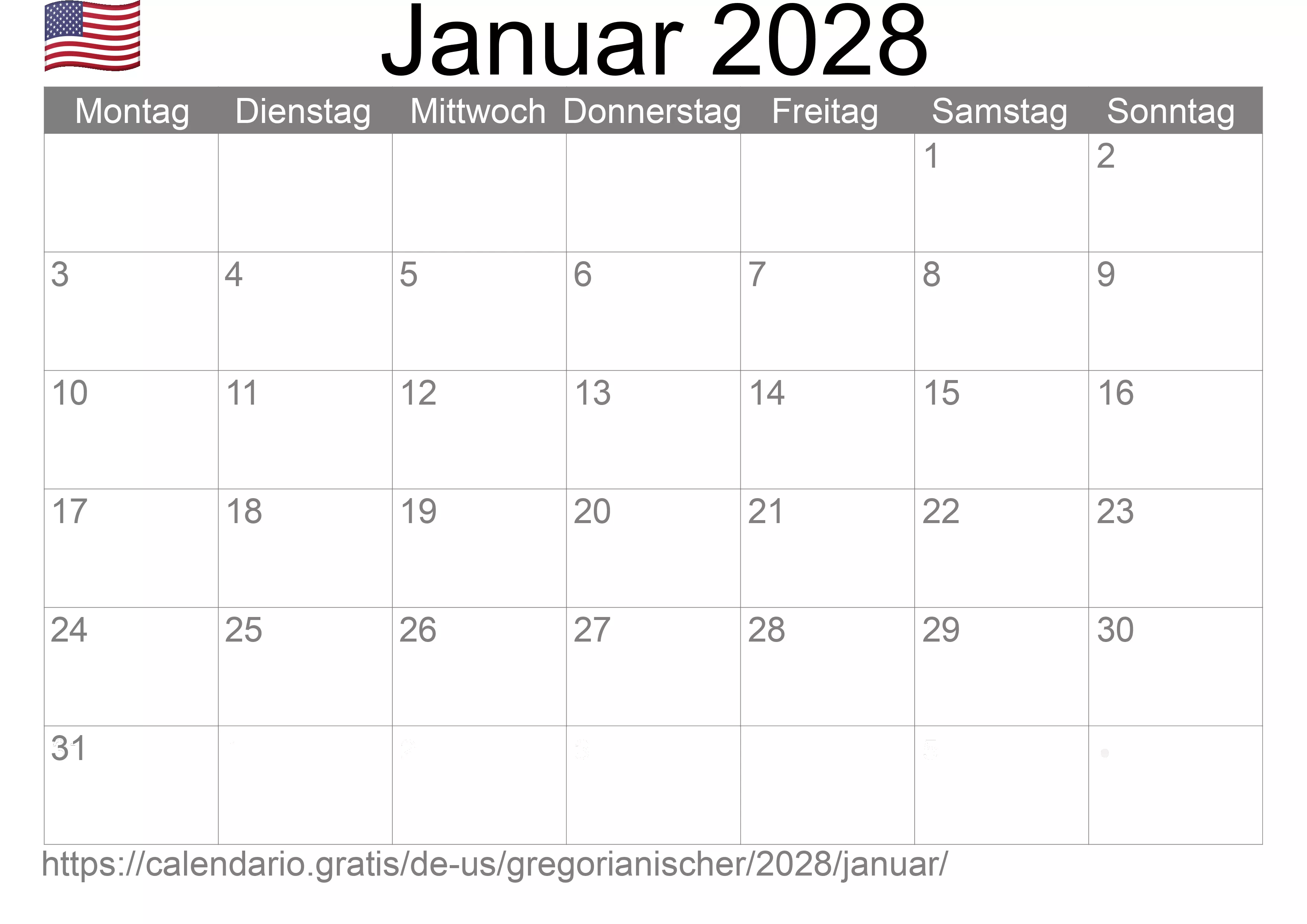 Kalender Januar 2028 zum Ausdrucken (Vereinigte Staaten von Amerika)