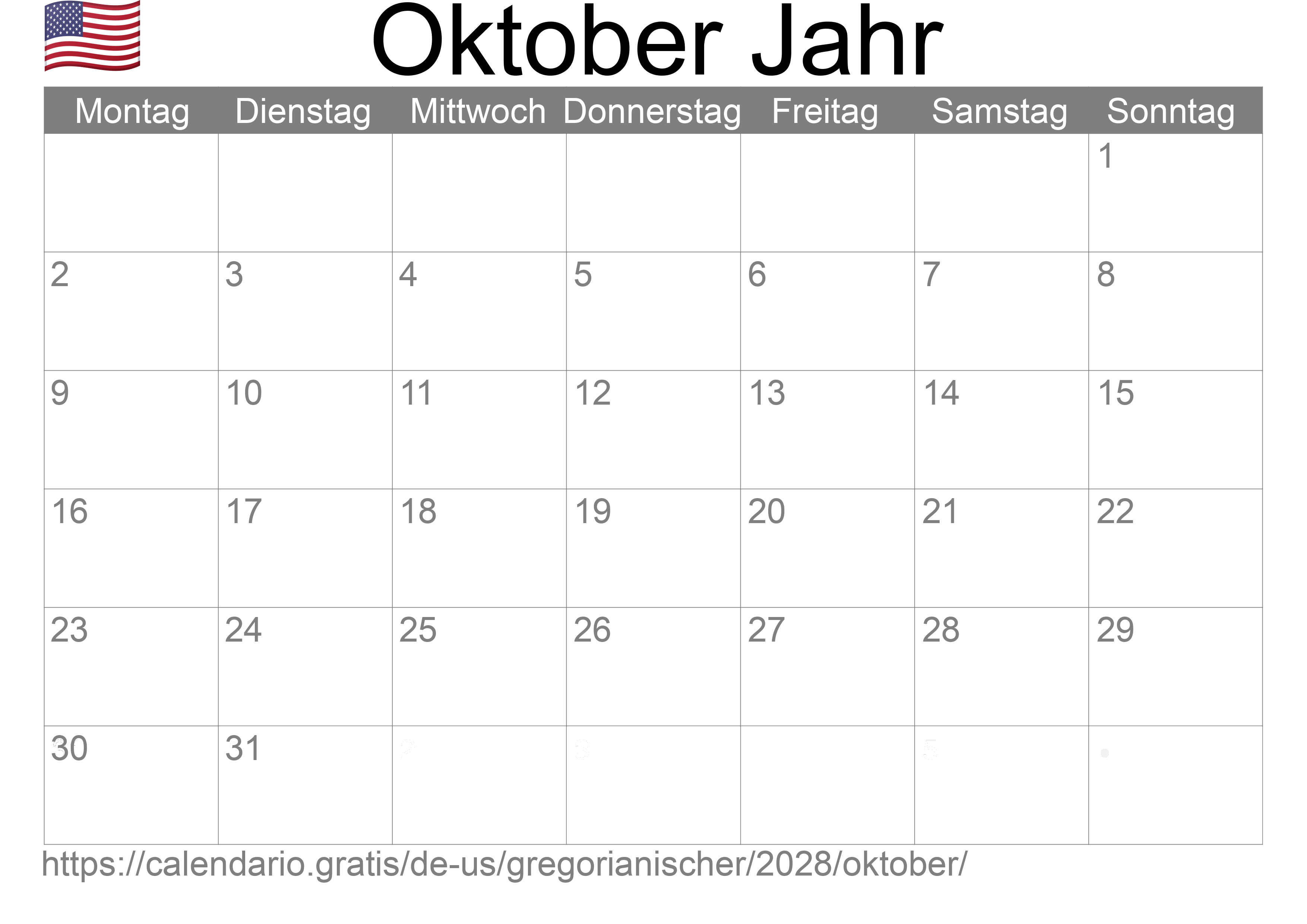 Kalender Oktober 2028 zum Ausdrucken