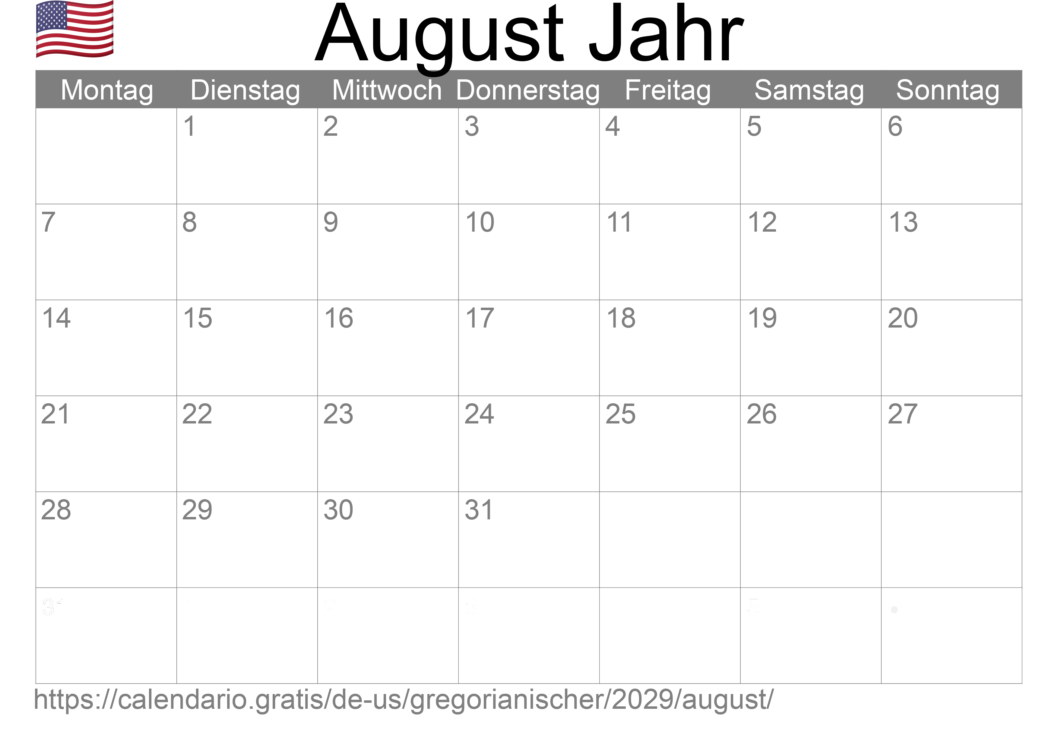 Kalender August 2029 zum Ausdrucken