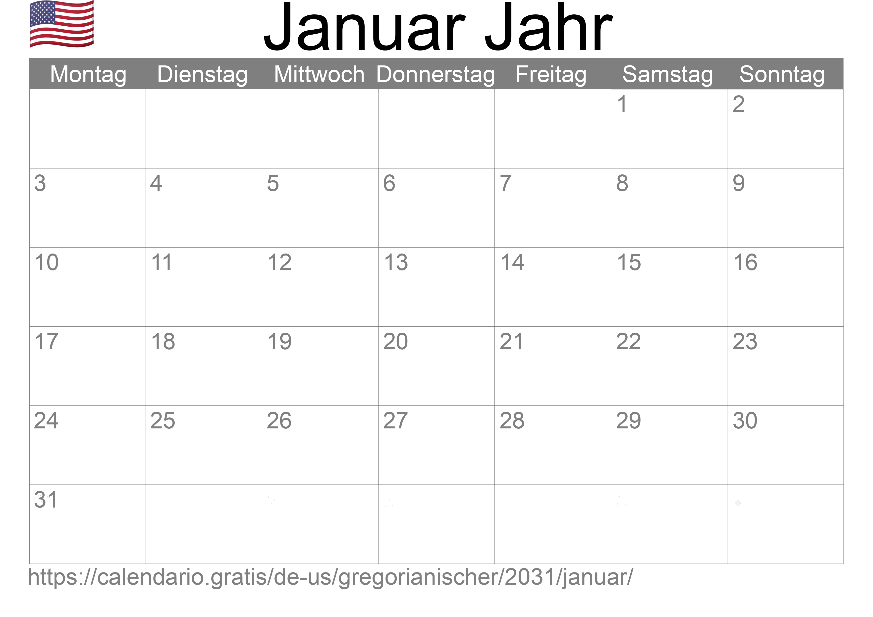 Kalender Januar 2031 zum Ausdrucken