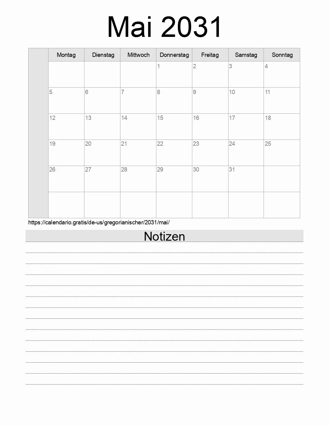Kalender für Mai 2031 zum Drucken mit Notizen. (Vereinigte Staaten von Amerika)