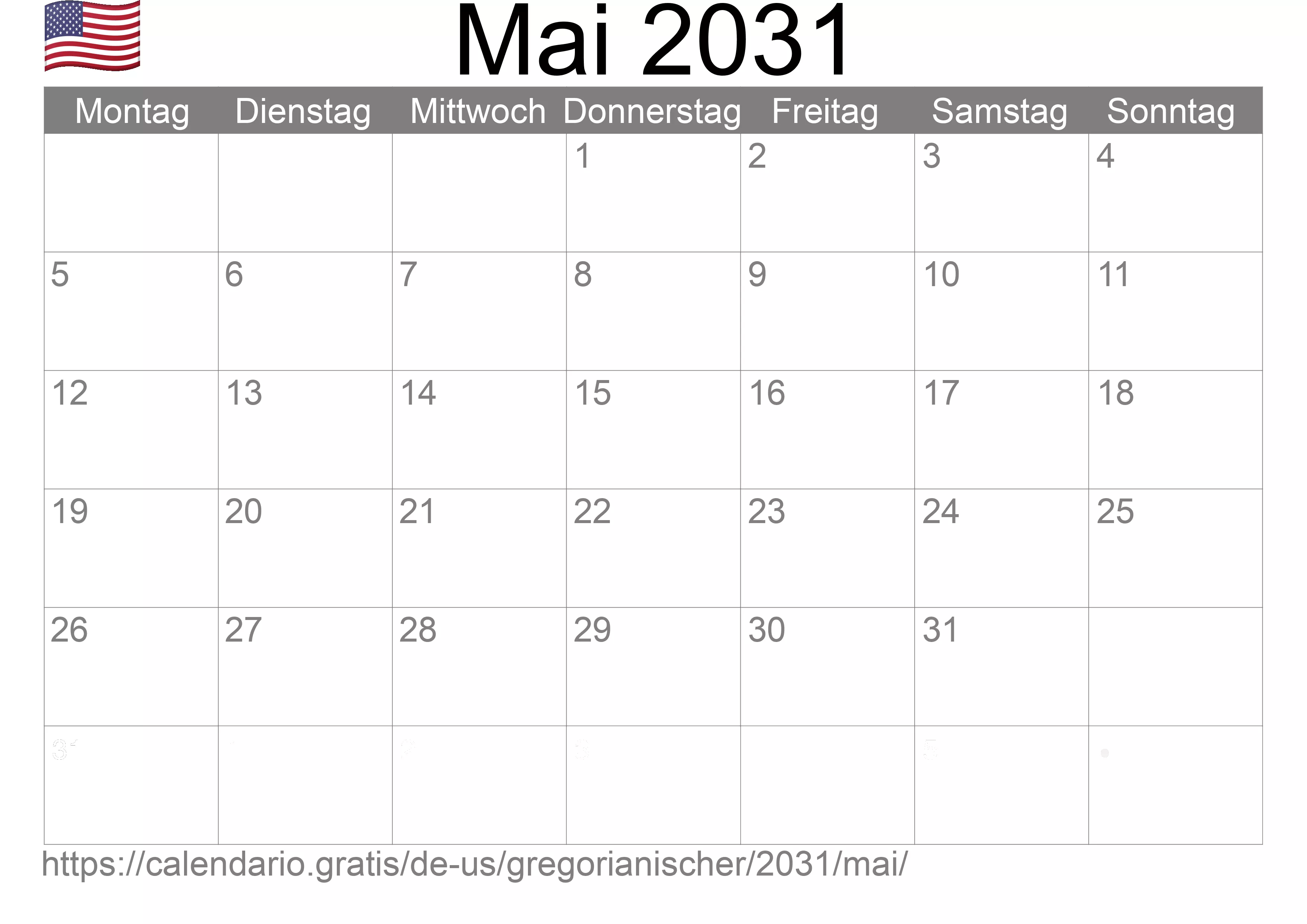 Kalender Mai 2031 zum Ausdrucken (Vereinigte Staaten von Amerika)