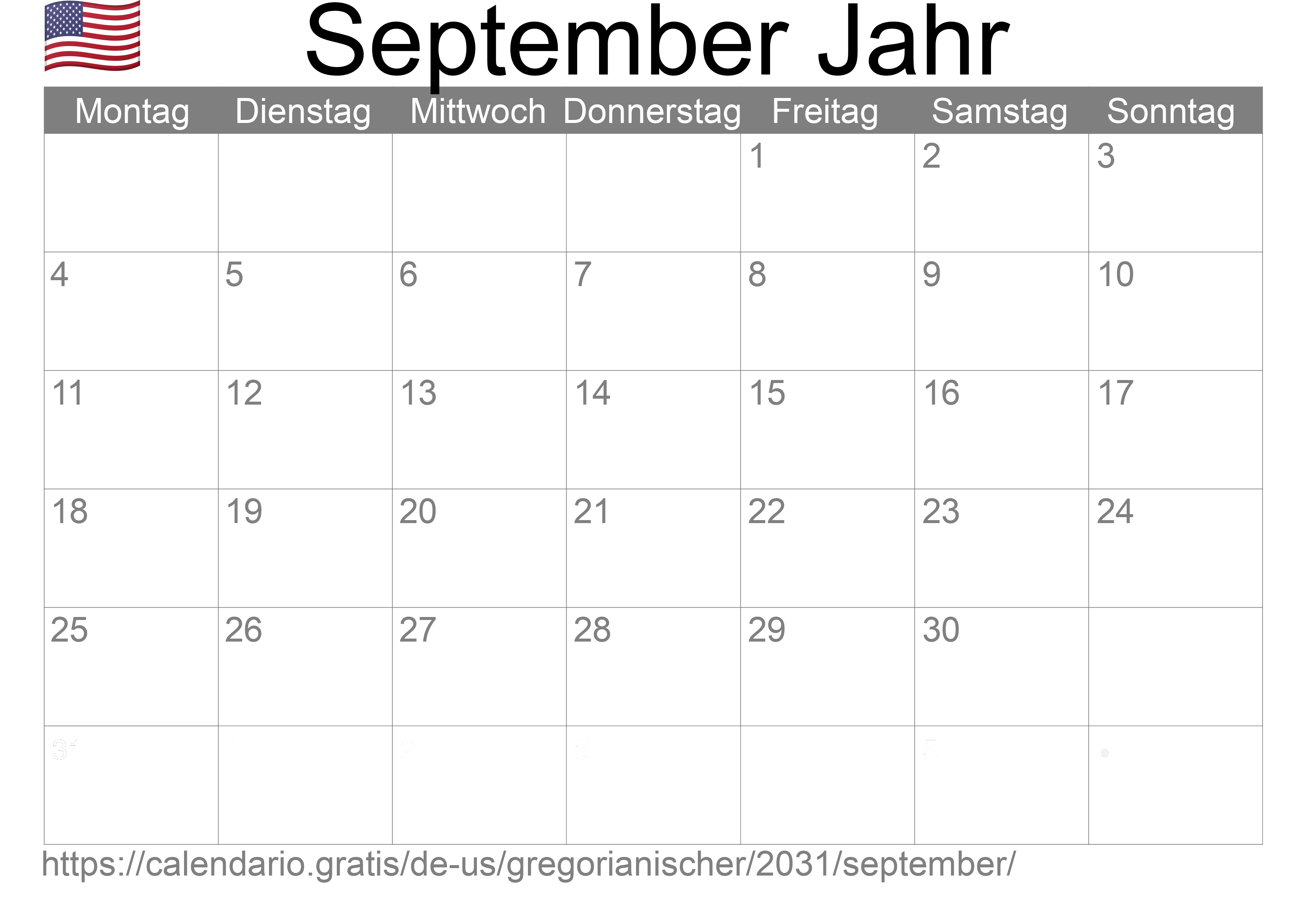 Kalender September 2031 zum Ausdrucken