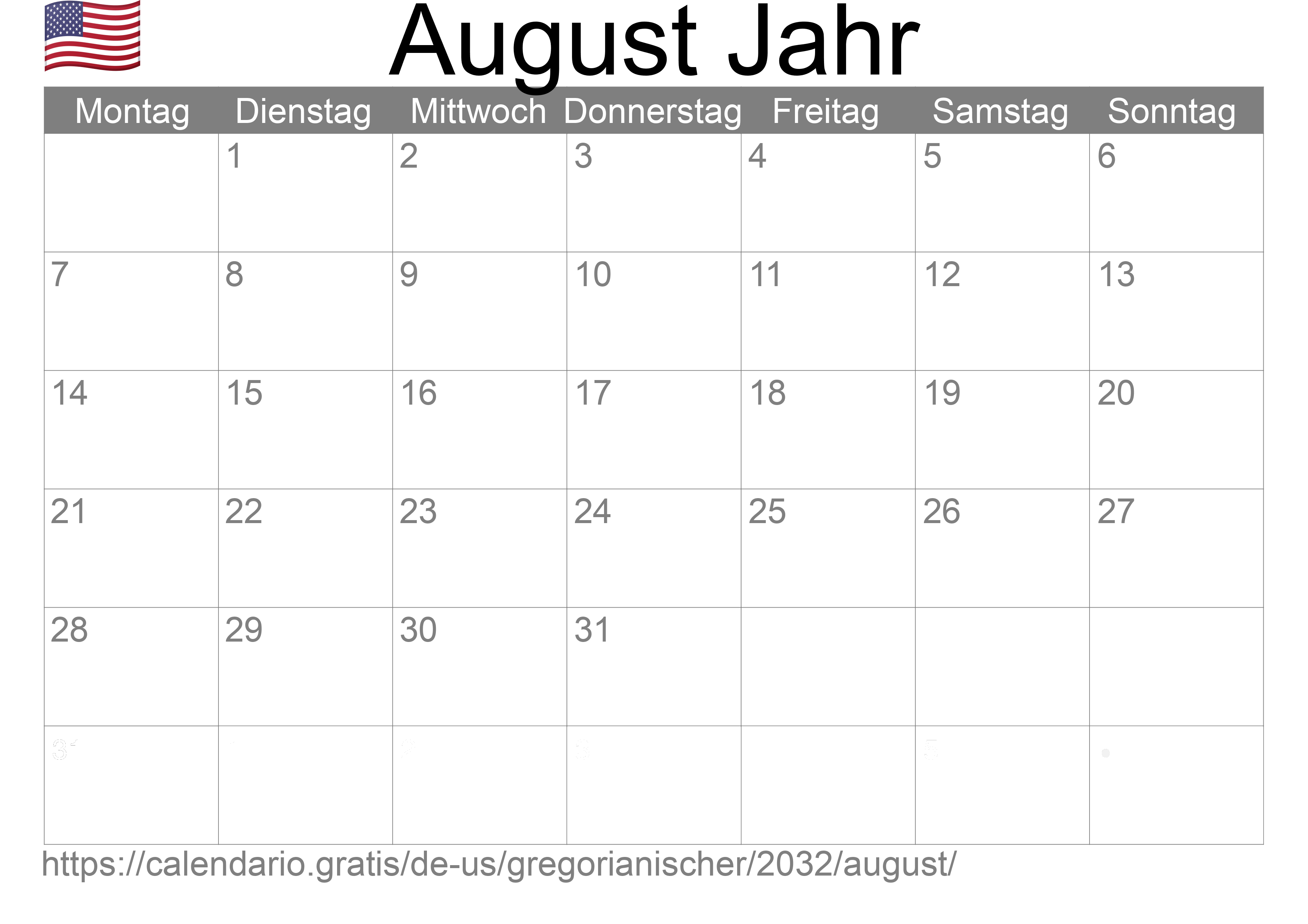 Kalender August 2032 zum Ausdrucken