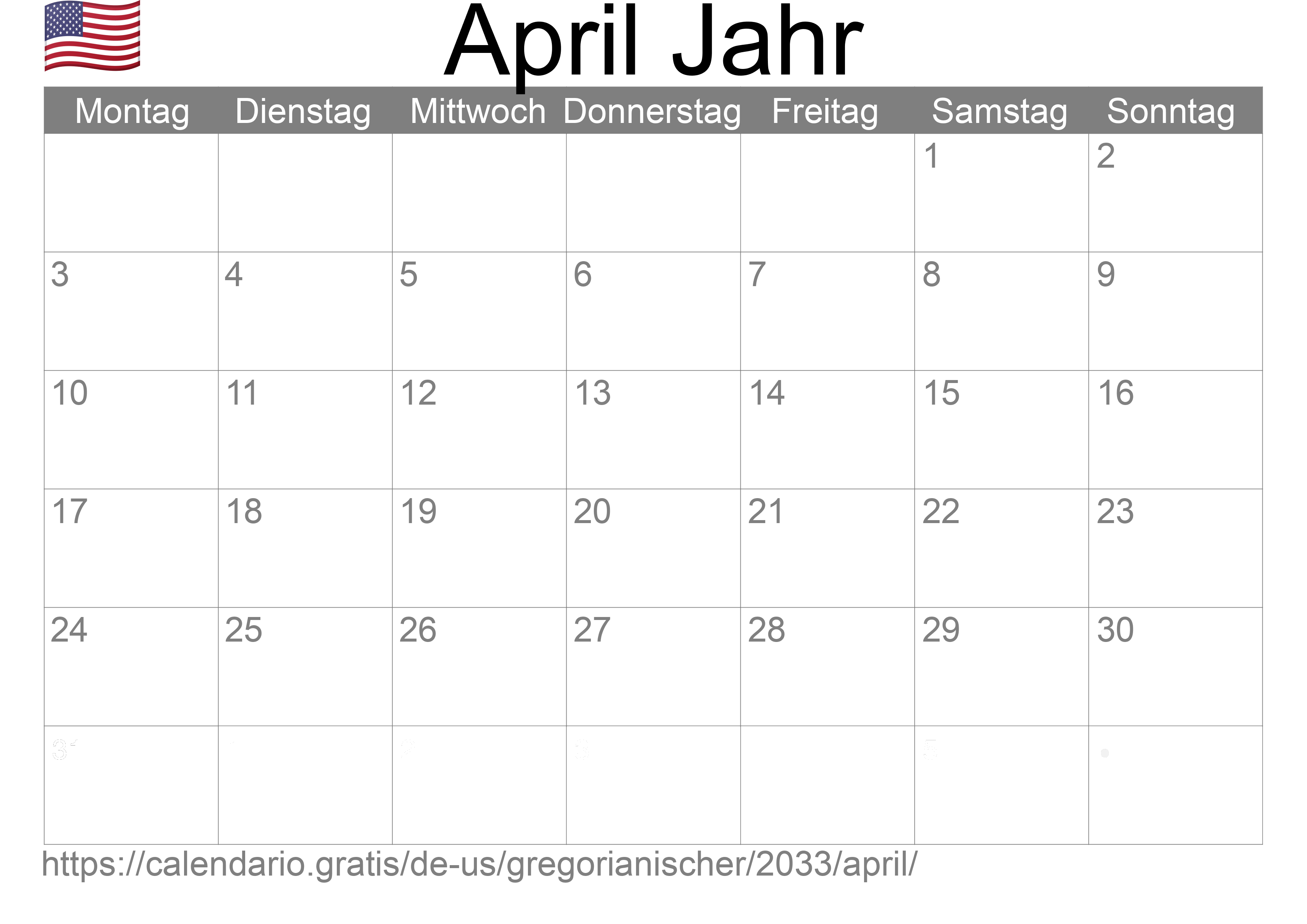 Kalender April 2033 zum Ausdrucken