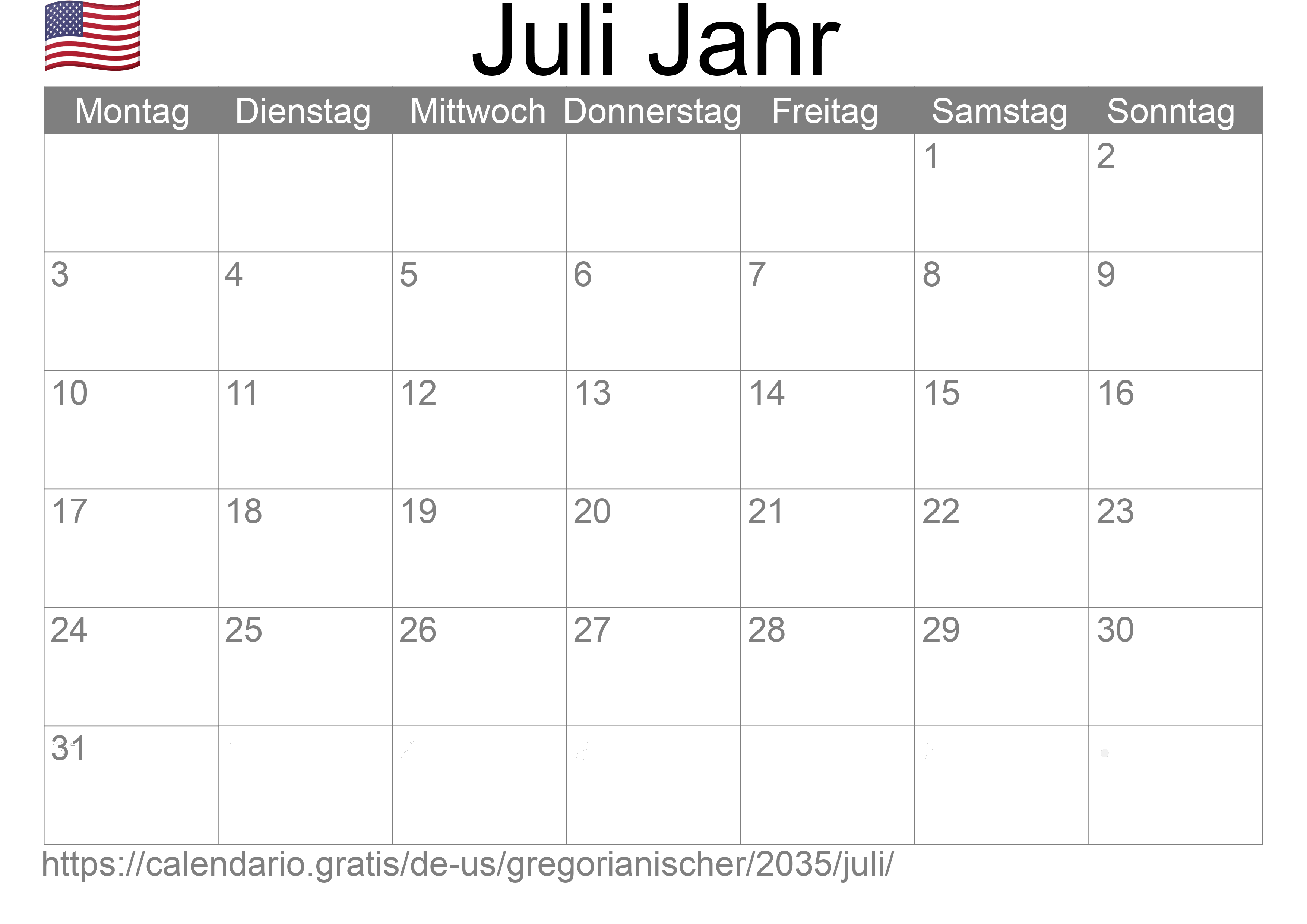 Kalender Juli 2035 zum Ausdrucken