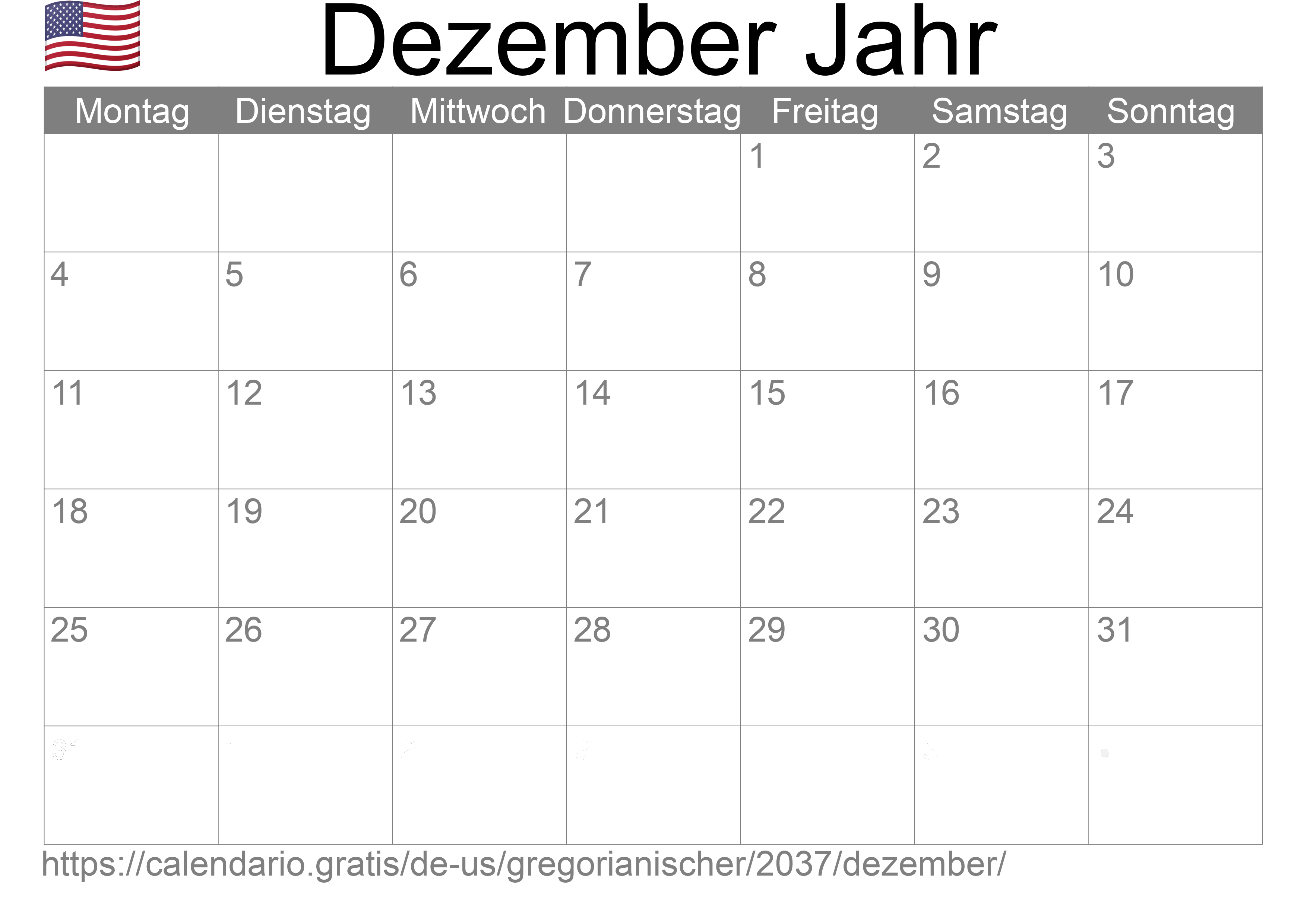 Kalender Dezember 2037 zum Ausdrucken