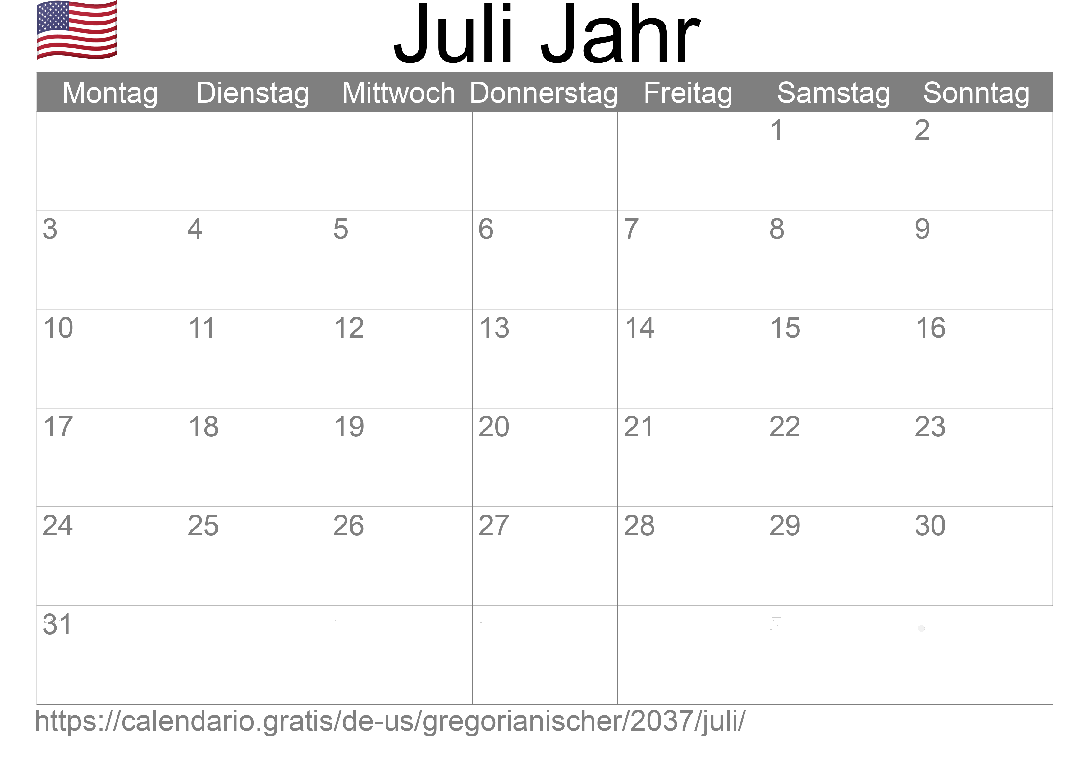 Kalender Juli 2037 zum Ausdrucken