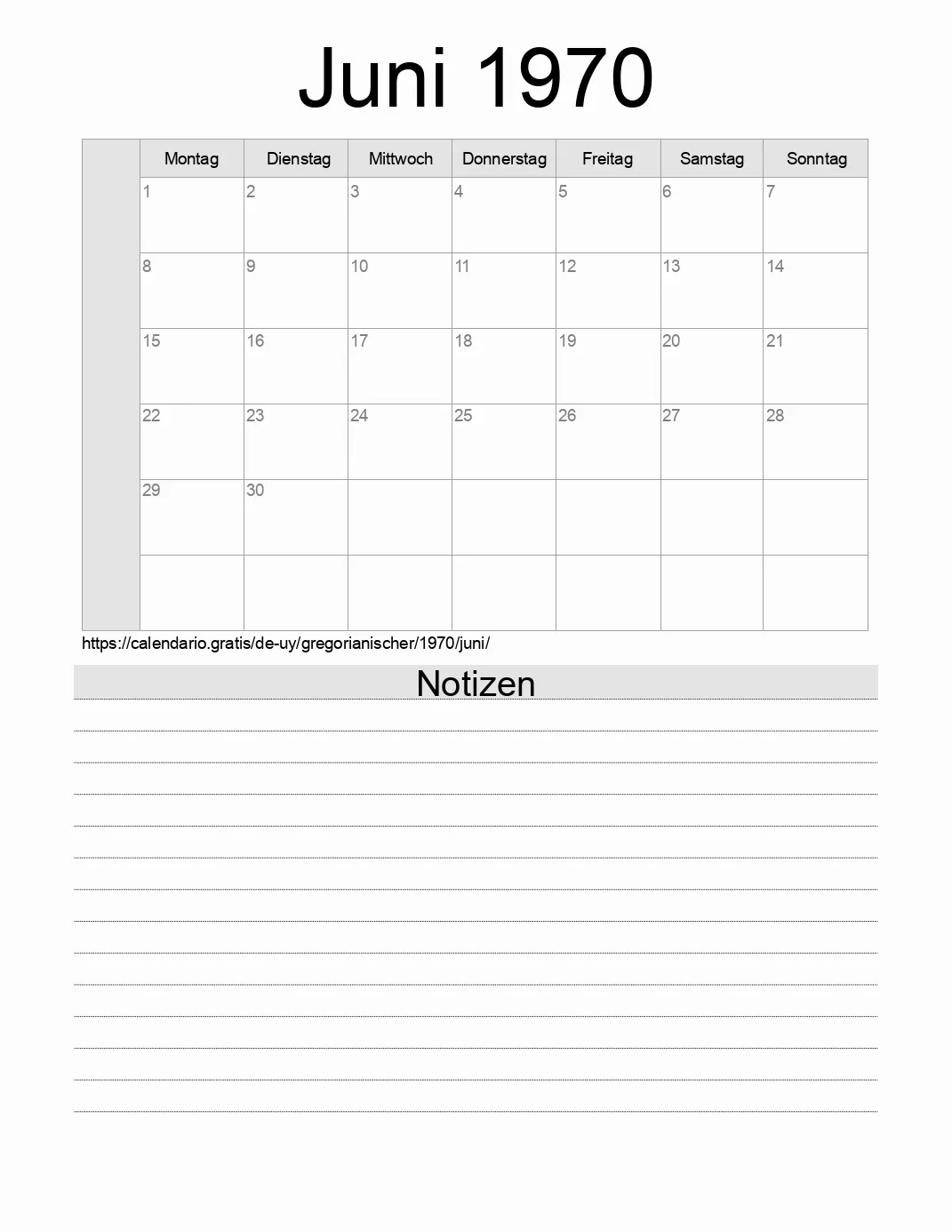 Kalender für Juni 1970 zum Drucken mit Notizen. (Uruguay)