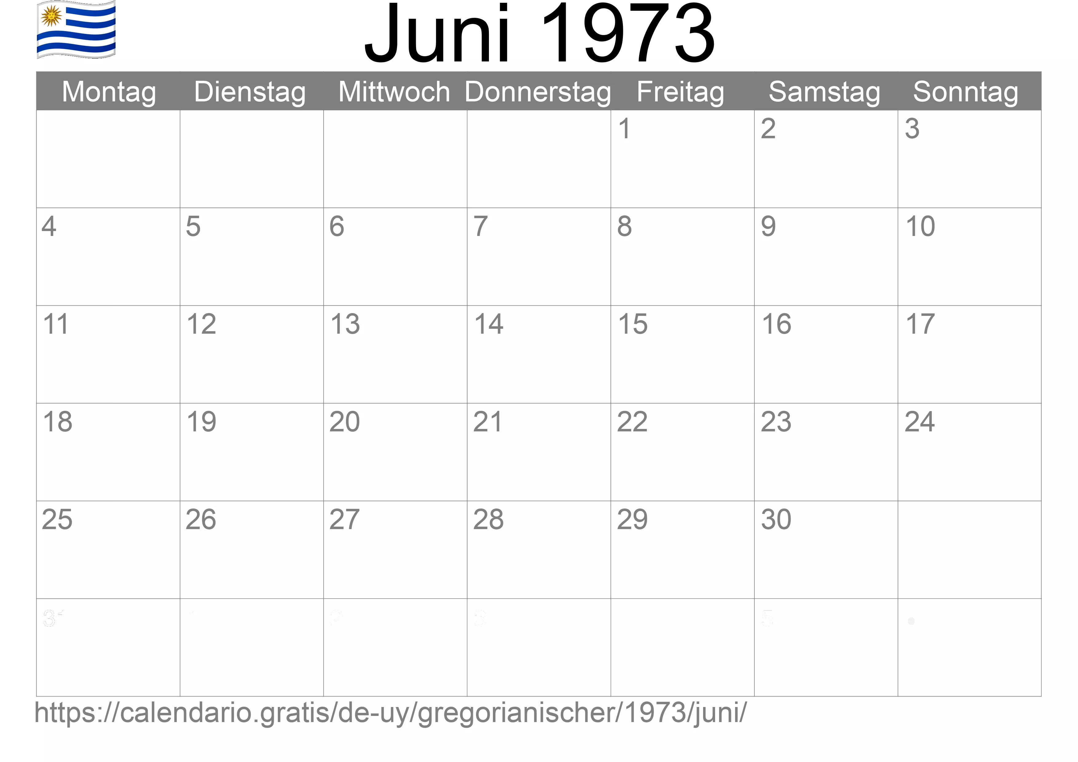 Kalender Juni 1973 zum Ausdrucken (Uruguay)