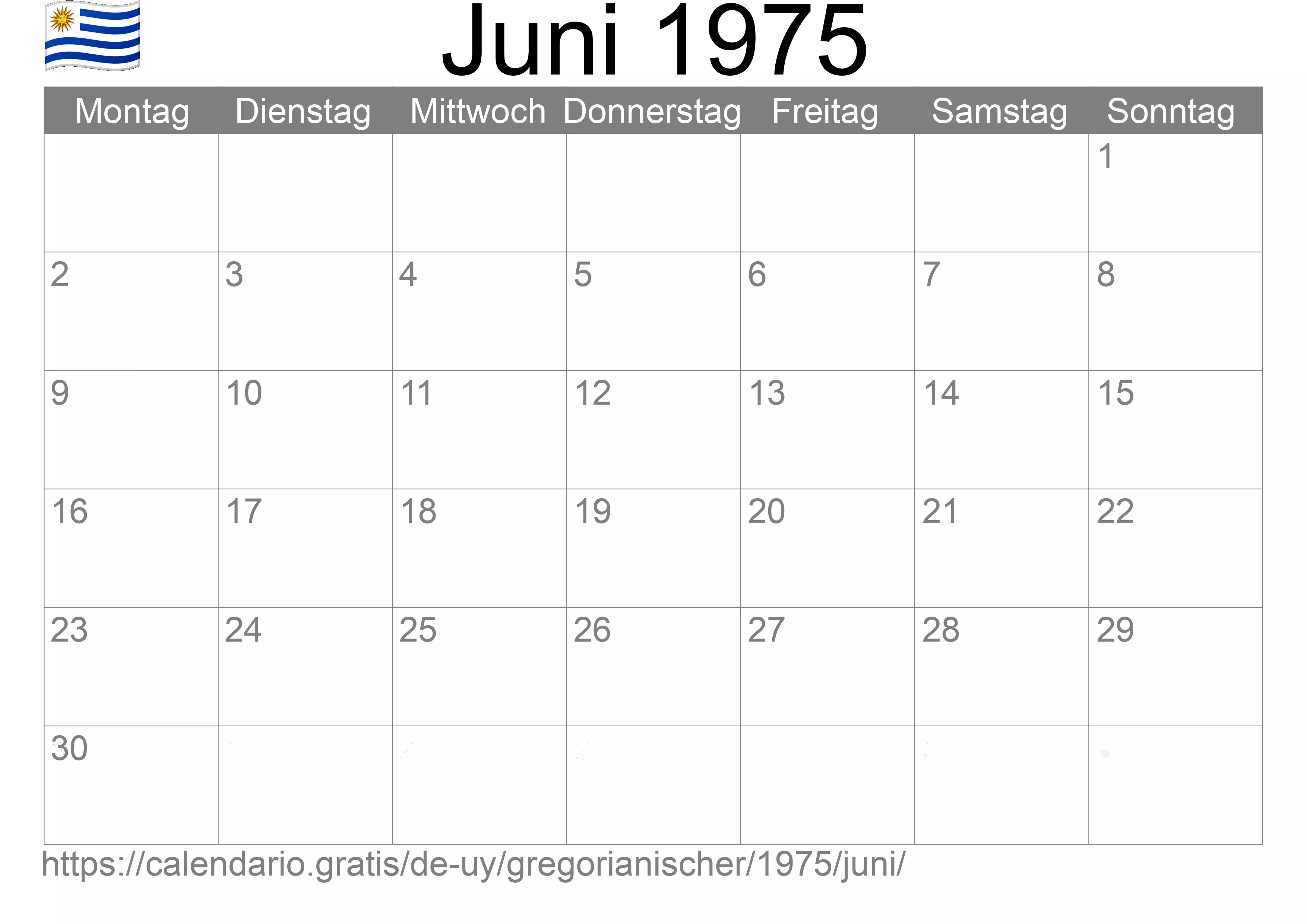 Kalender Juni 1975 zum Ausdrucken (Uruguay)