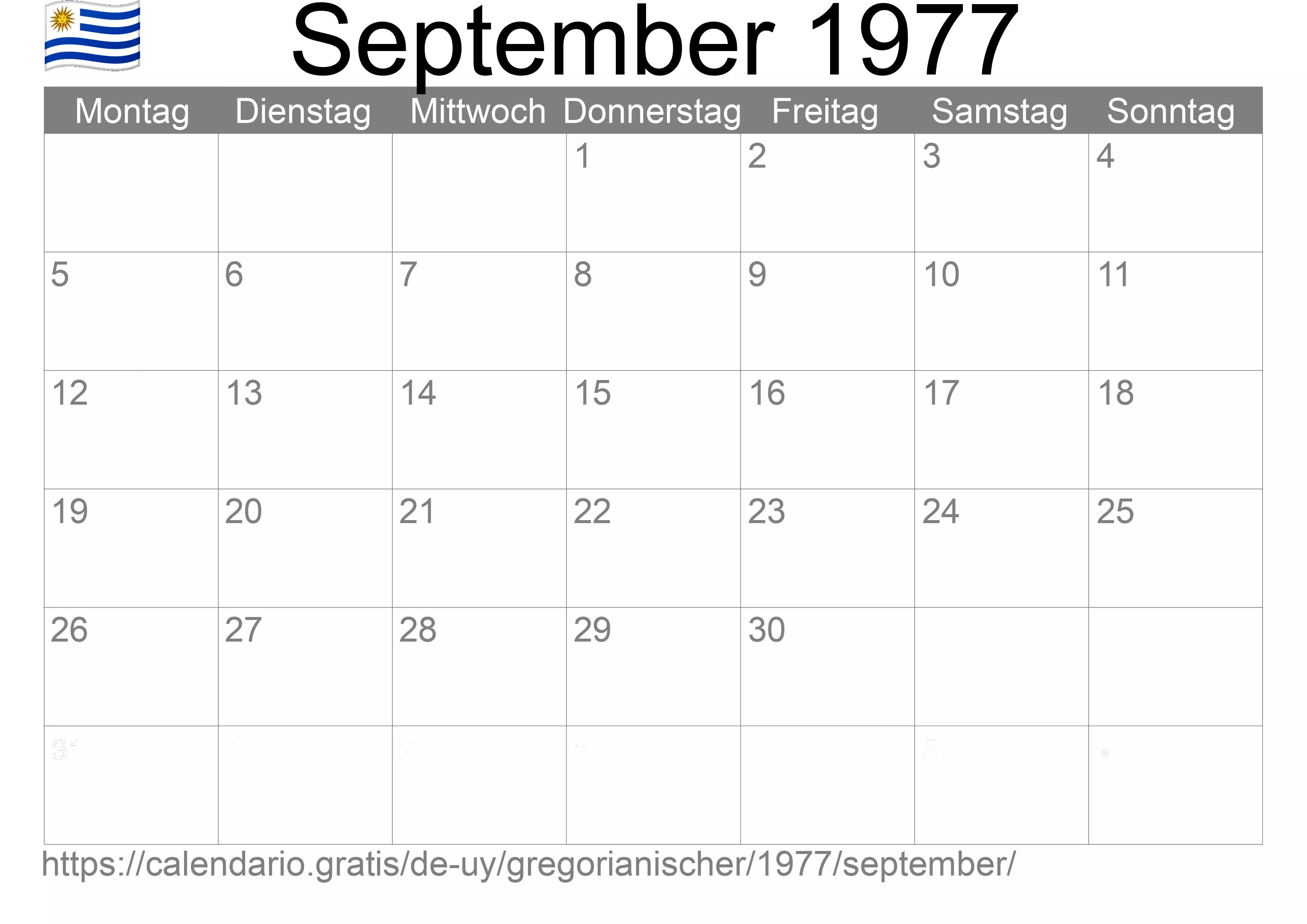 Kalender September 1977 zum Ausdrucken (Uruguay)