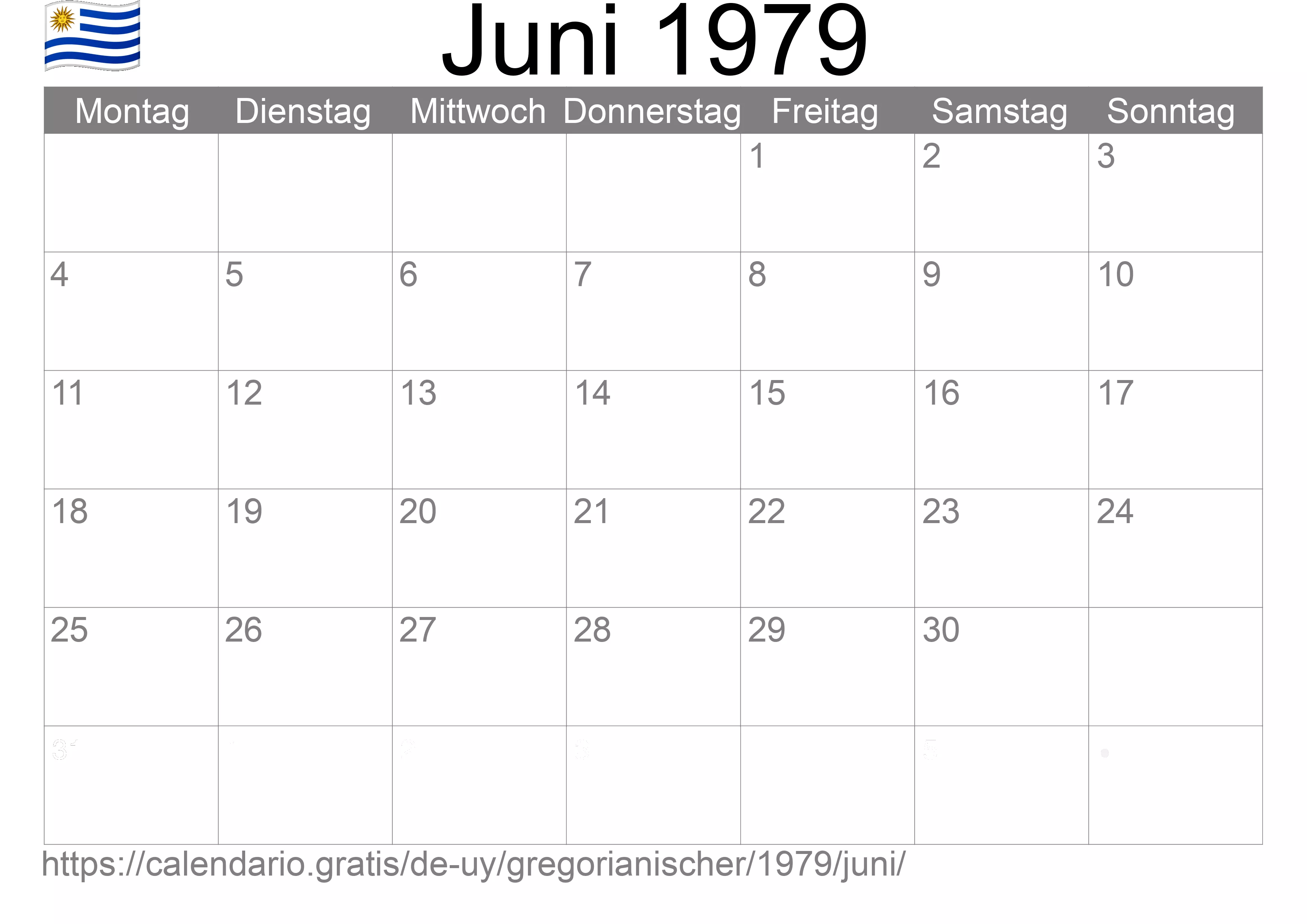 Kalender Juni 1979 zum Ausdrucken (Uruguay)