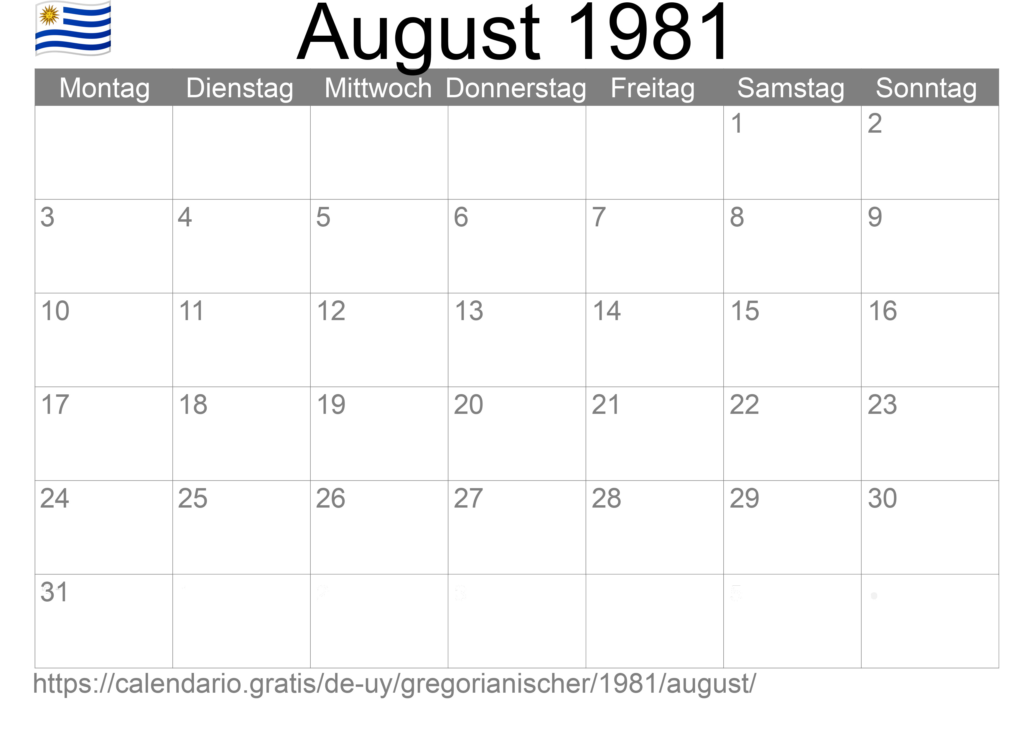 Kalender August 1981 zum Ausdrucken