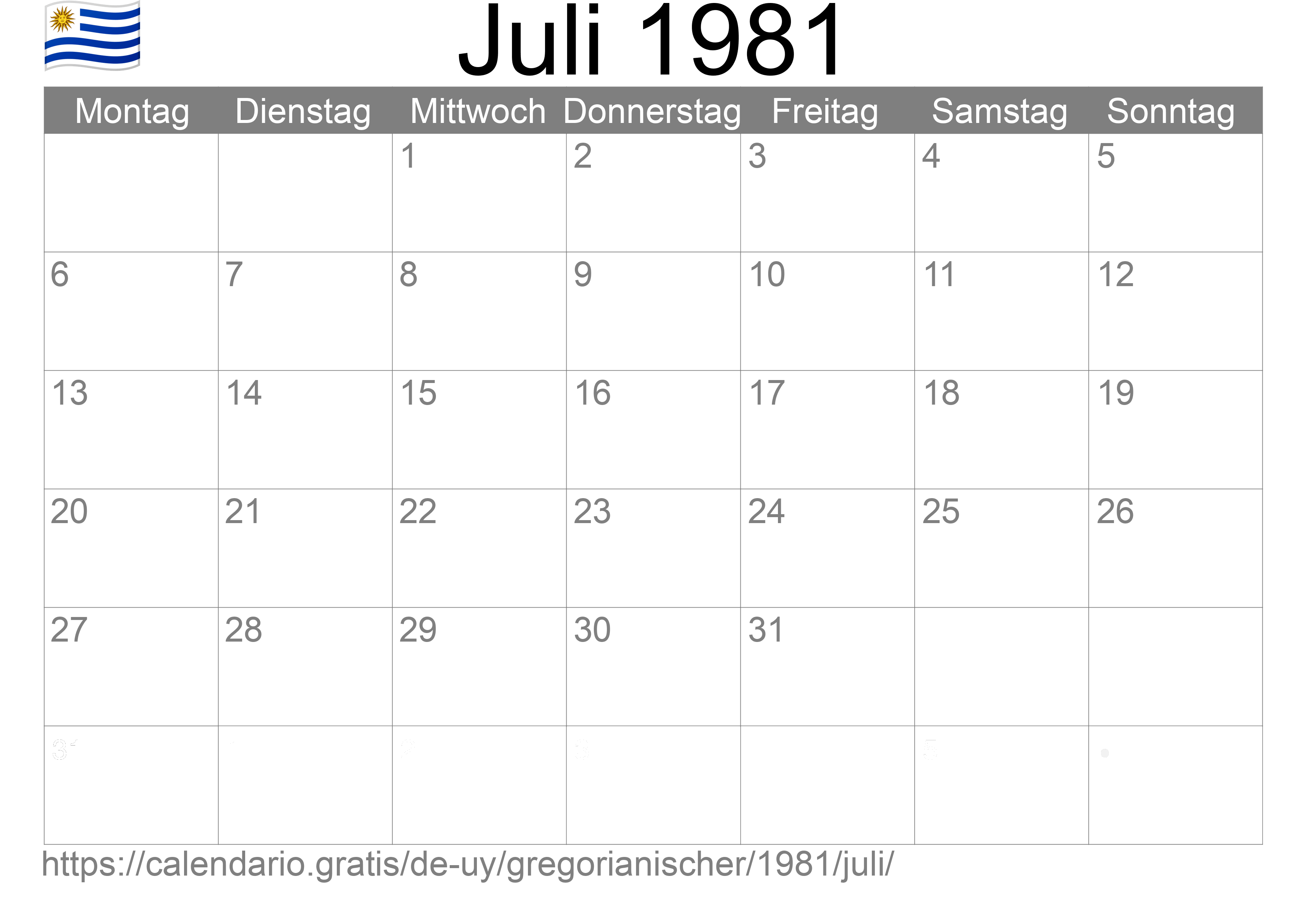 Kalender Juli 1981 zum Ausdrucken