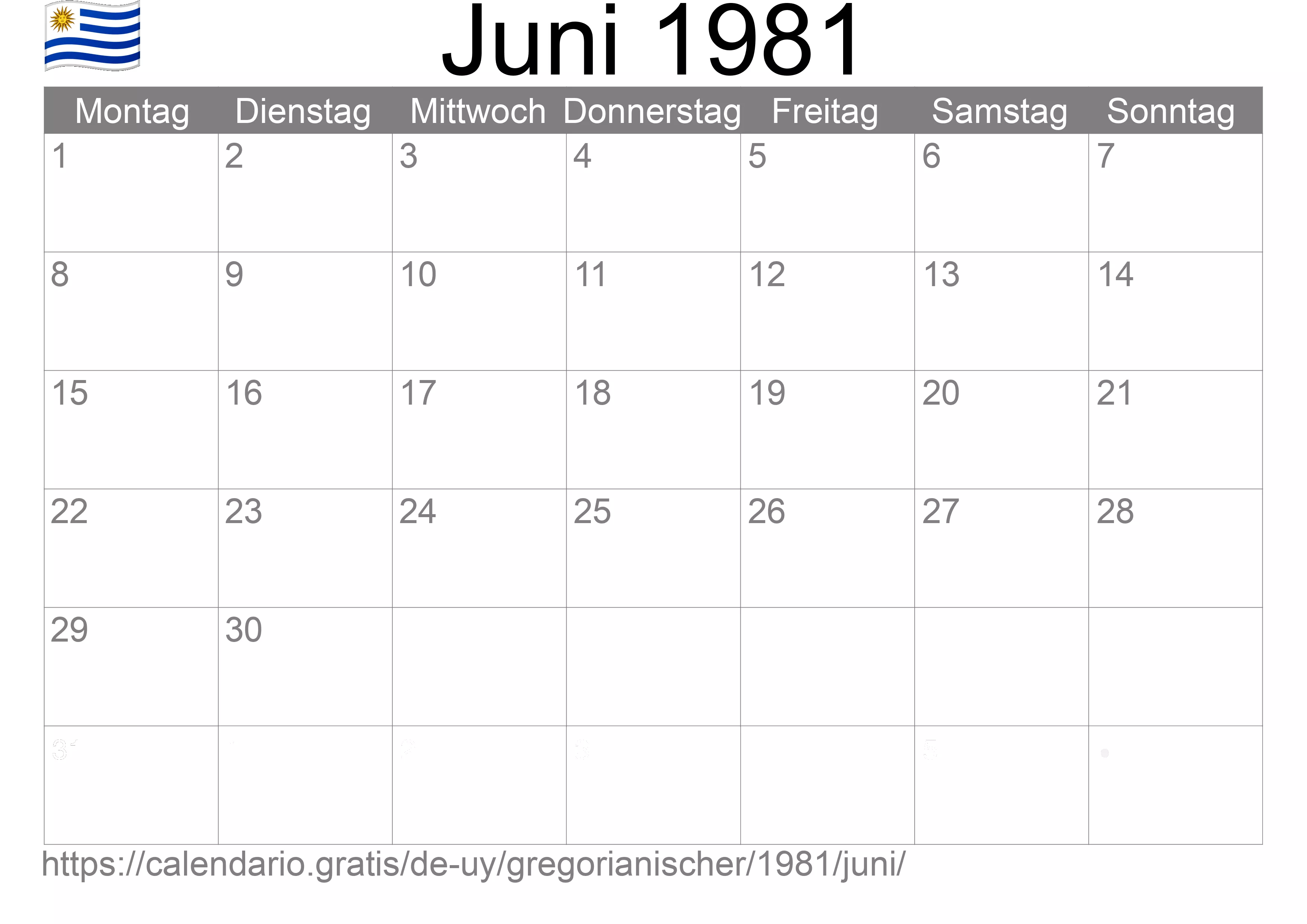 Kalender Juni 1981 zum Ausdrucken (Uruguay)