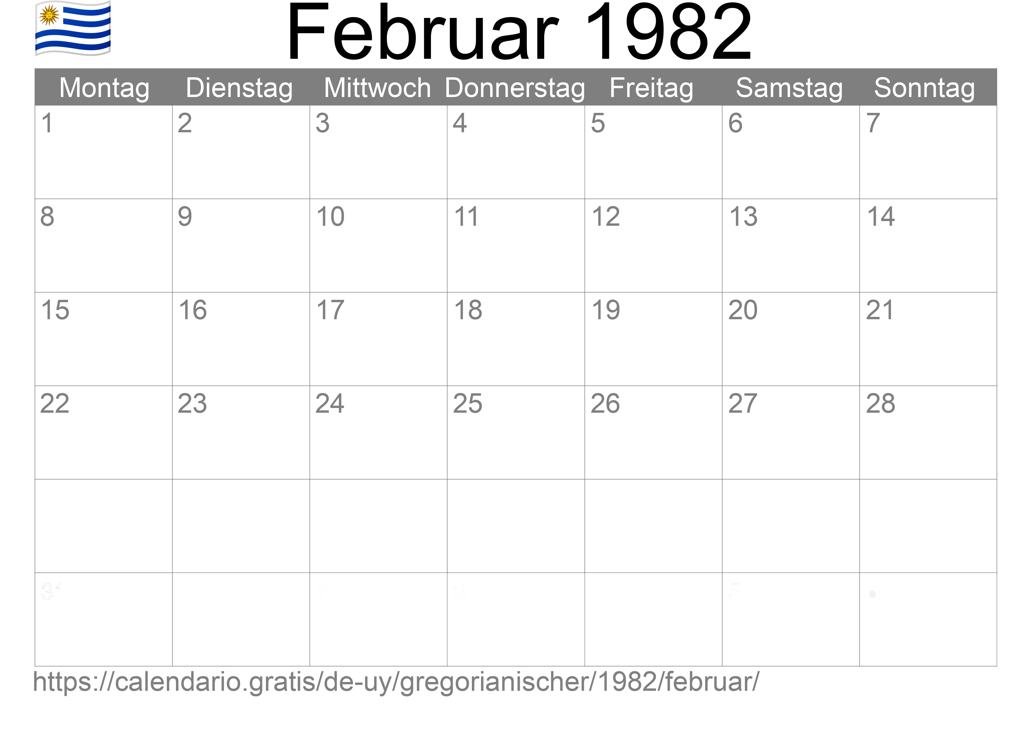 Kalender Februar 1982 zum Ausdrucken