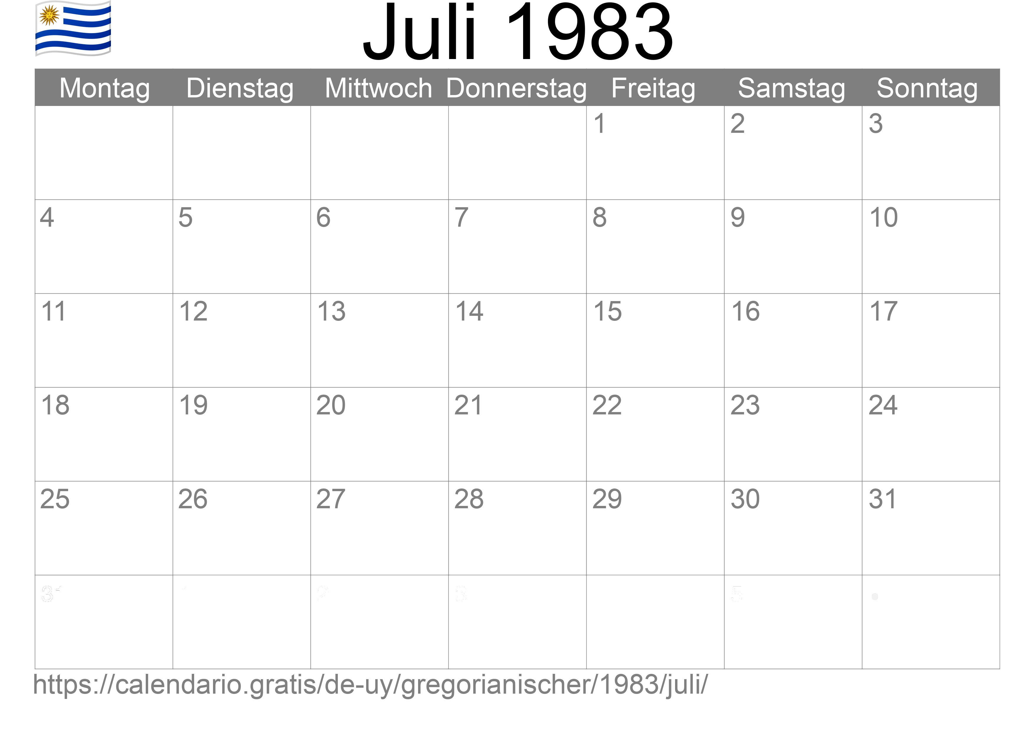 Kalender Juli 1983 zum Ausdrucken